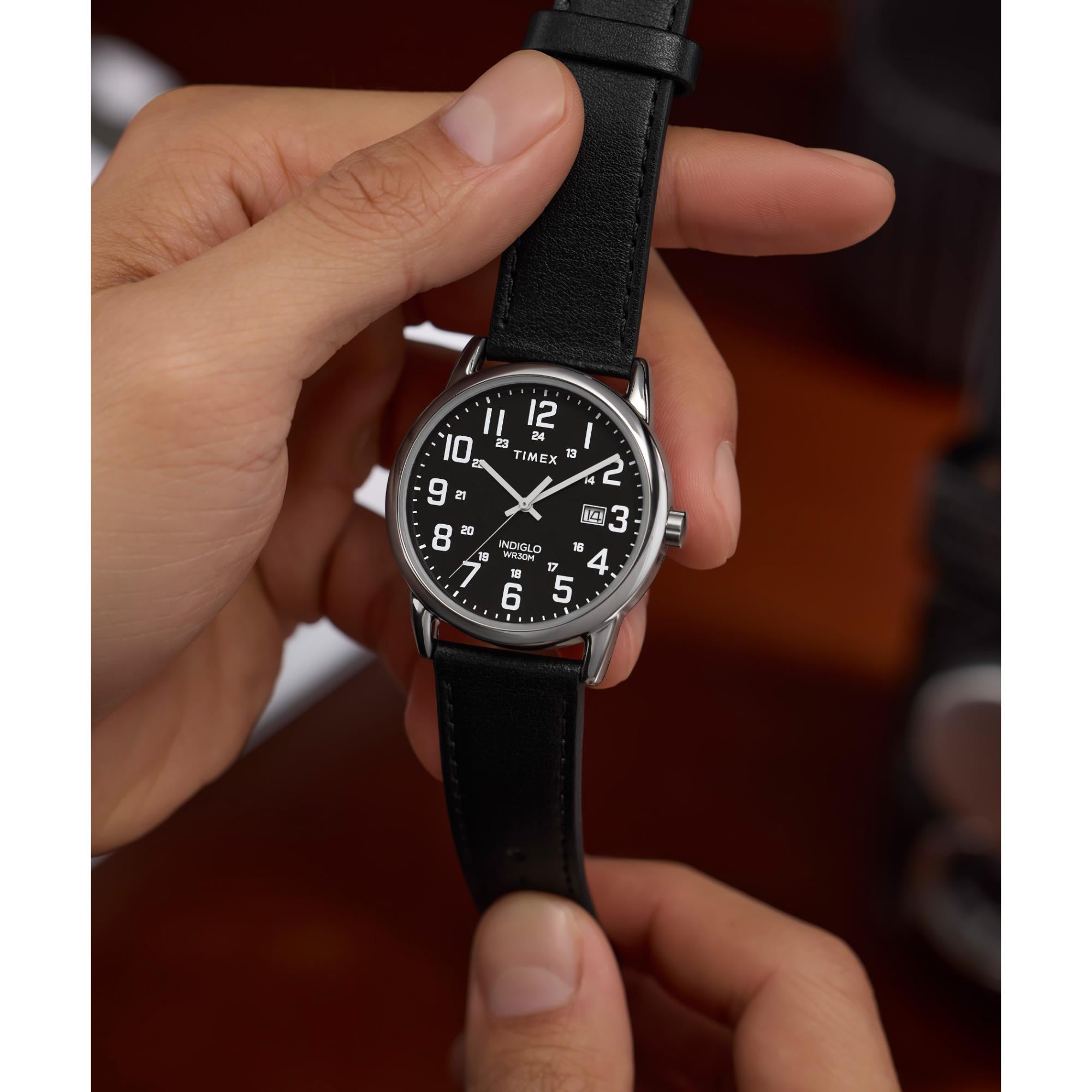 Timex Easy Reader 38mm Schwarzes Zifferblatt Leder Herren Quarz Uhr TW2Y12800