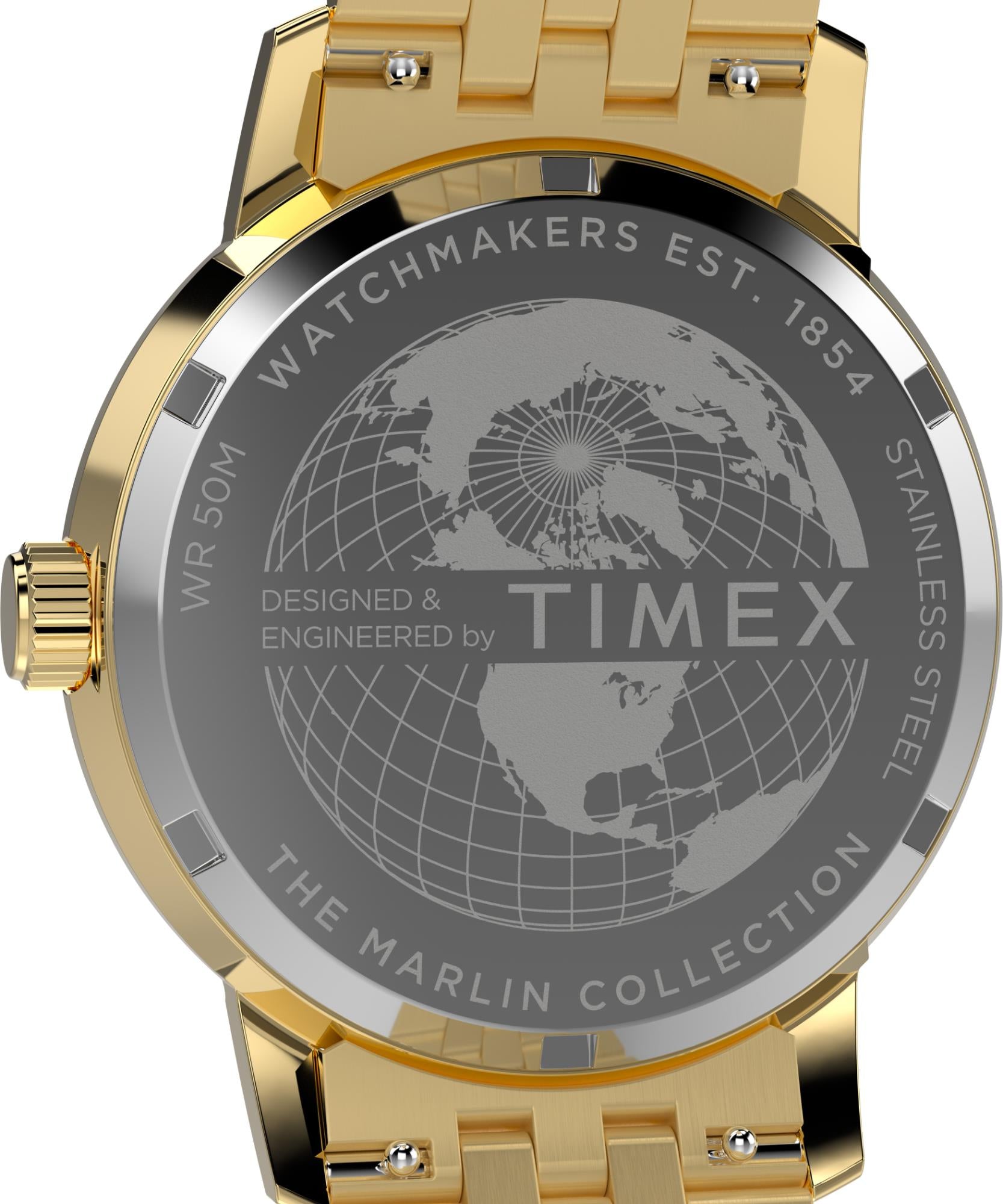 Timex Marlin TW2Y47700 engraved stainless steel case back with world map graphic detail