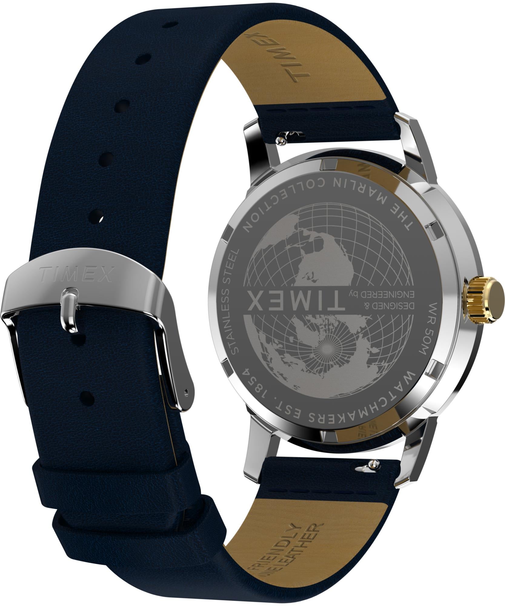 Timex Marlin 40mm Blaues Zifferblatt Leder Herren Quarz Uhr TW2Y47900