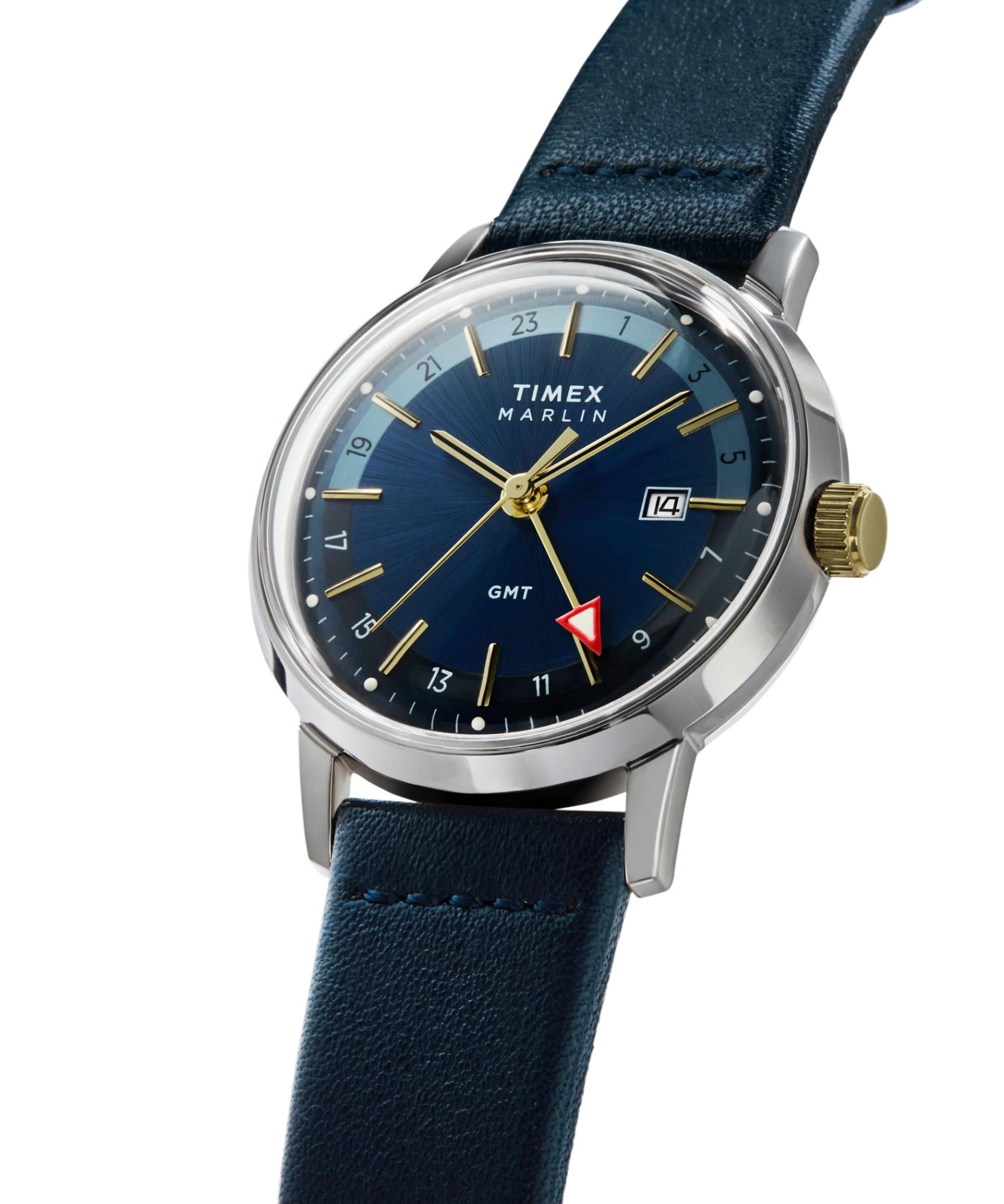 Timex Marlin 40mm Blaues Zifferblatt Leder Herren Quarz Uhr TW2Y47900