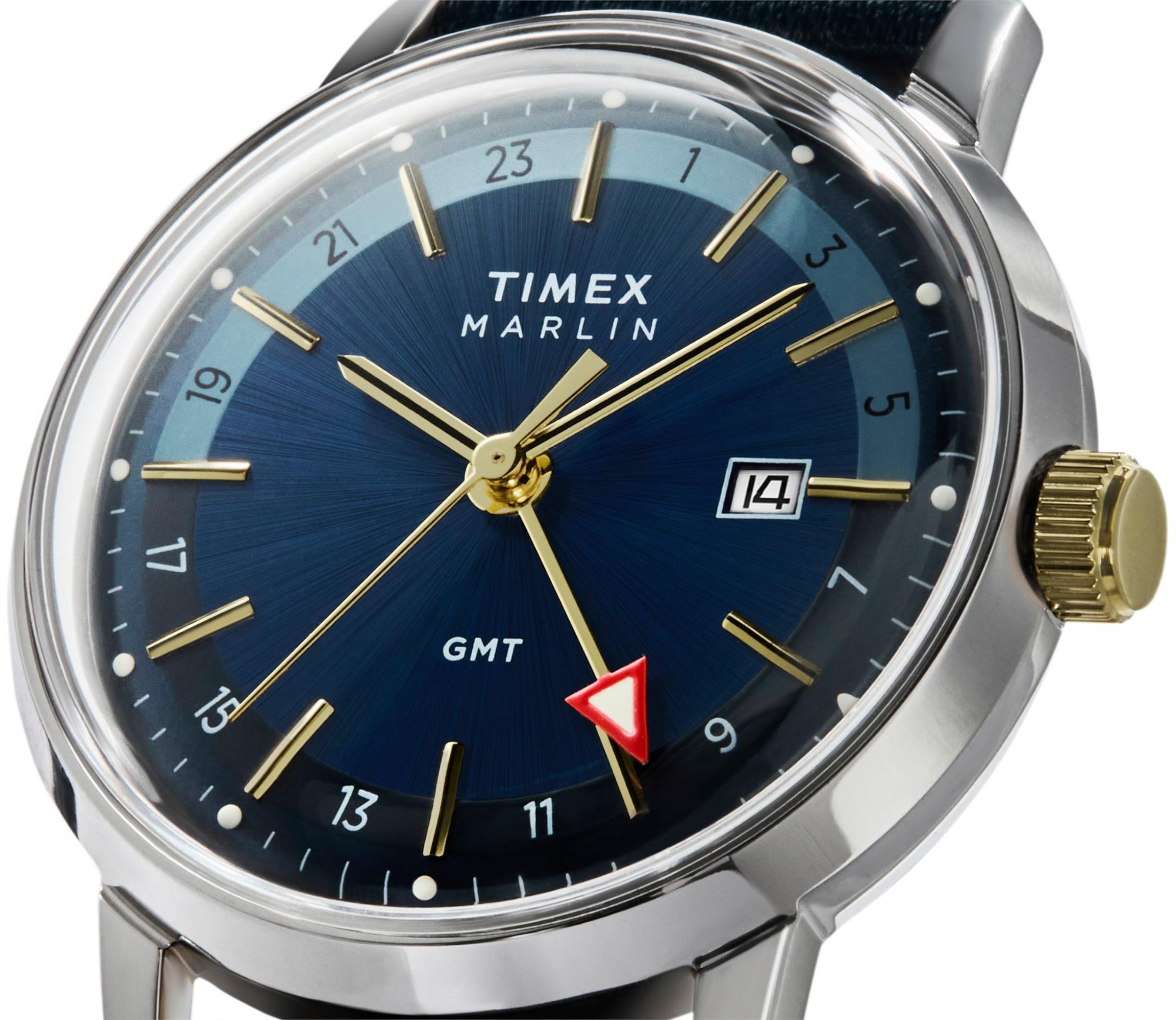 Timex Marlin 40mm Blaues Zifferblatt Leder Herren Quarz Uhr TW2Y47900