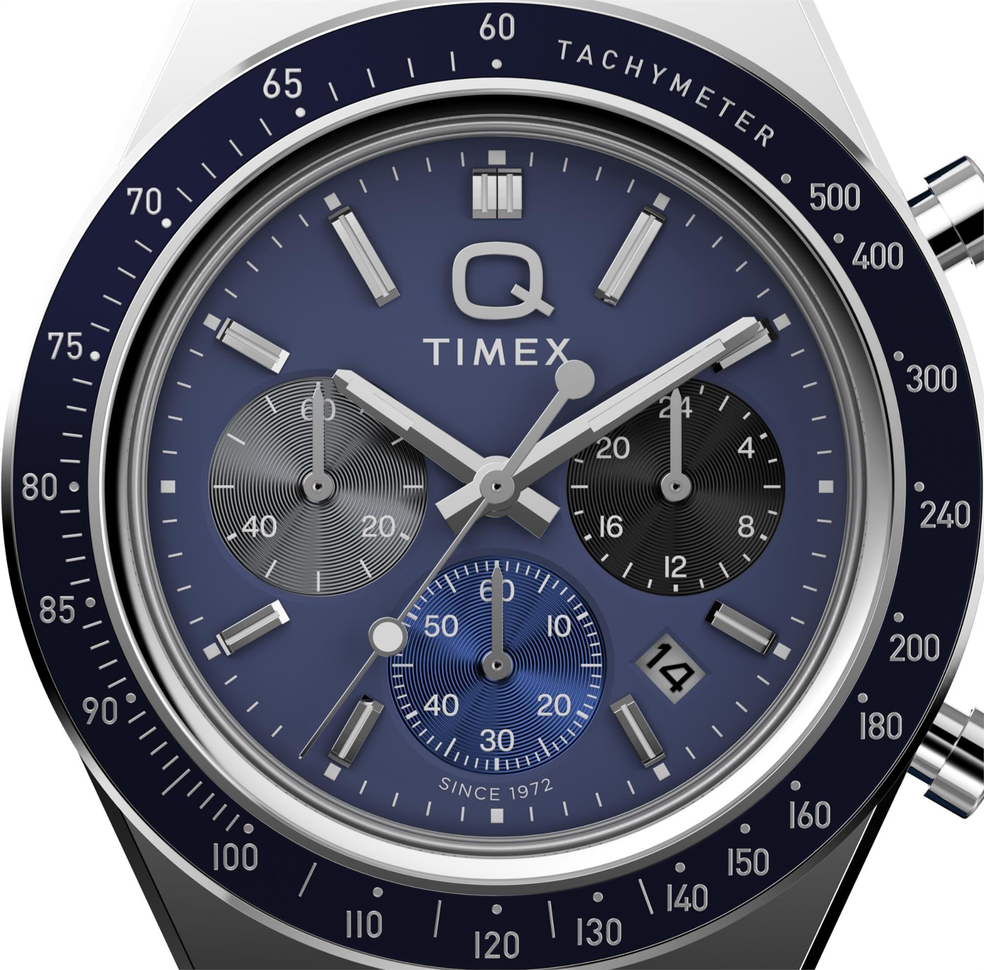 Timex Q 40mm Chronograph Blaues Zifferblatt Leder Herren Quarz Uhr TW2Y36100