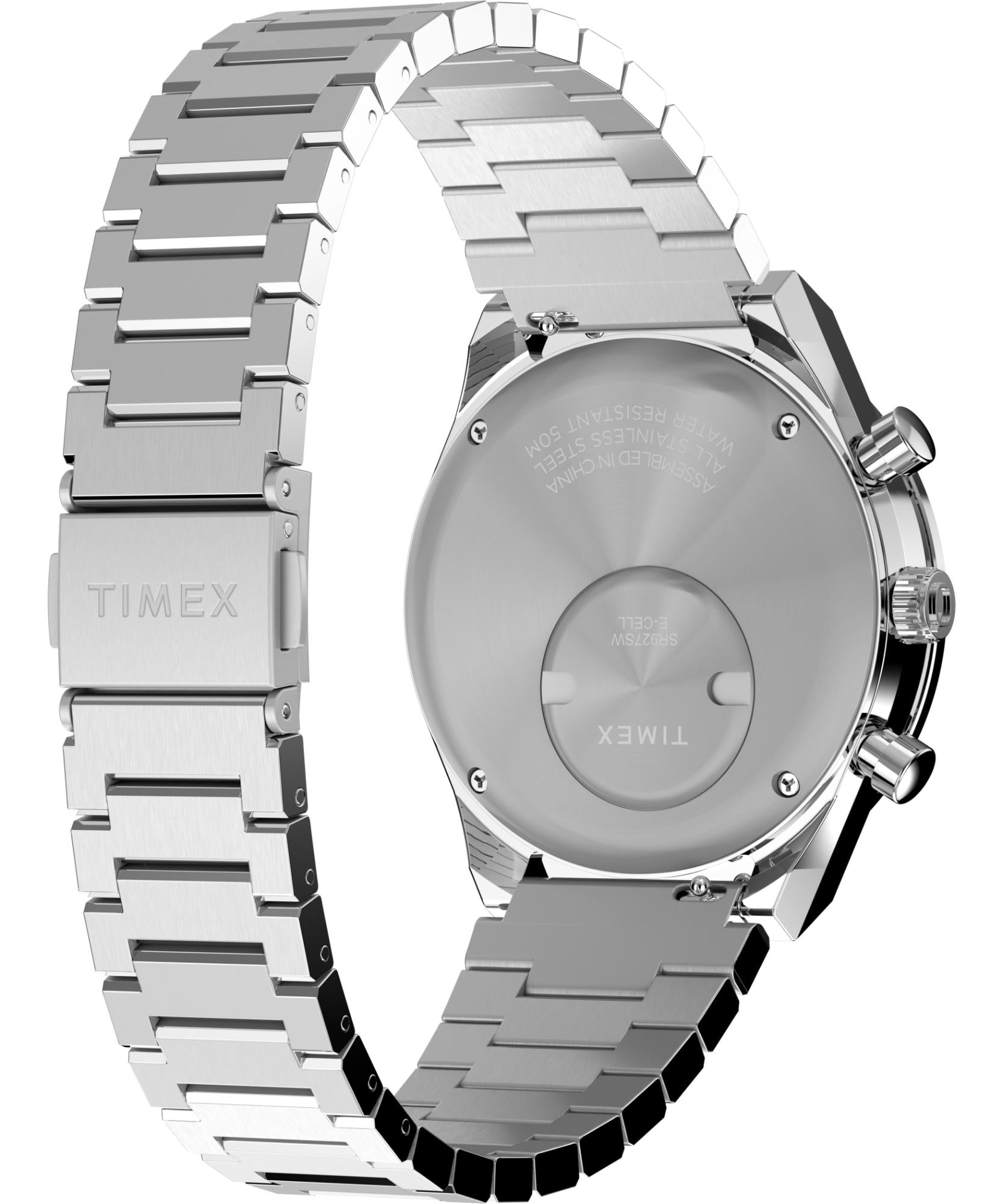 Timex Q TW2Y36200 stainless steel bracelet and caseback angled view