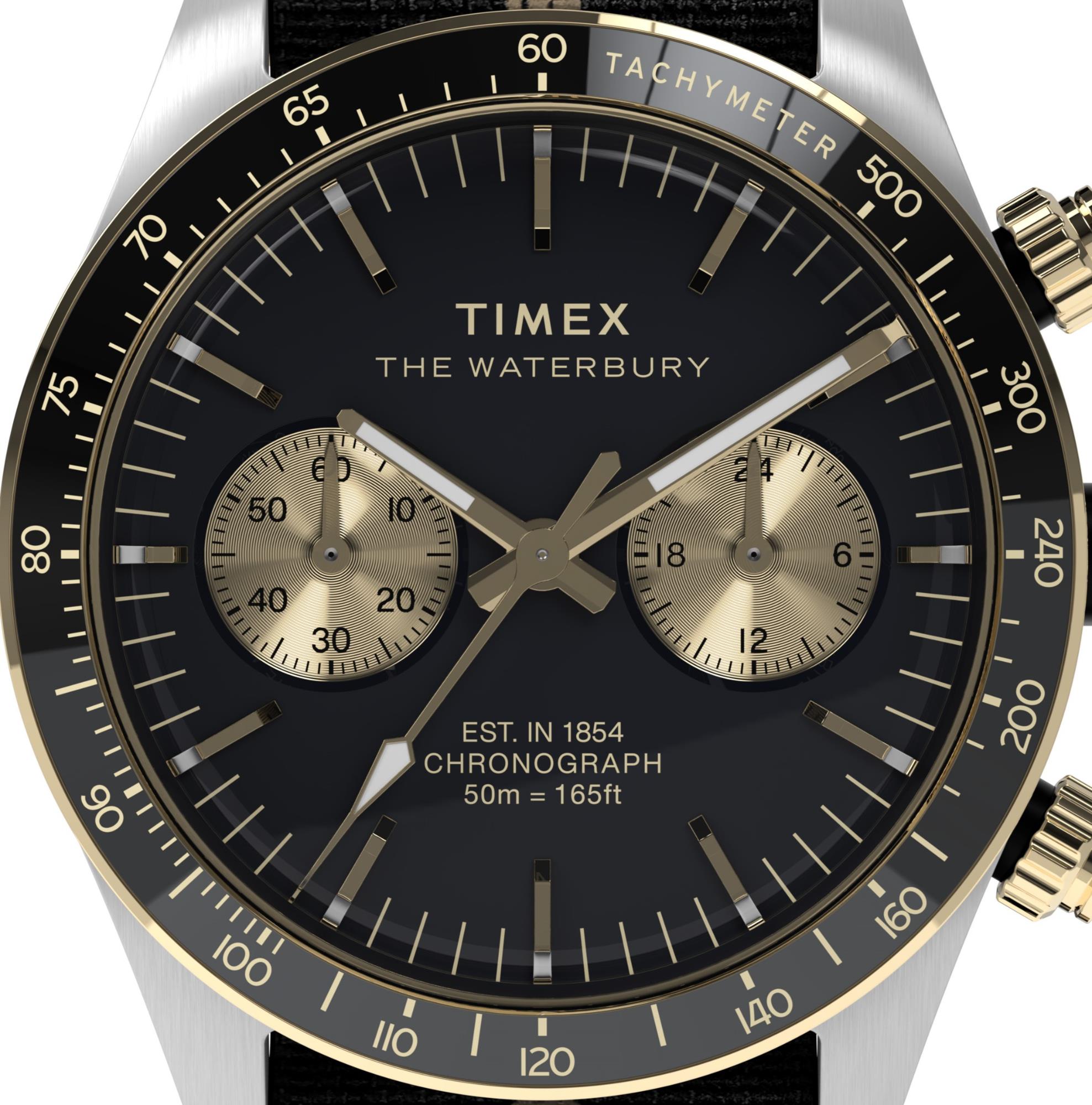 Timex Waterbury 39mm Chronograph Schwarzes Zifferblatt Stoff Herren Quarz Uhr TW2Y35400