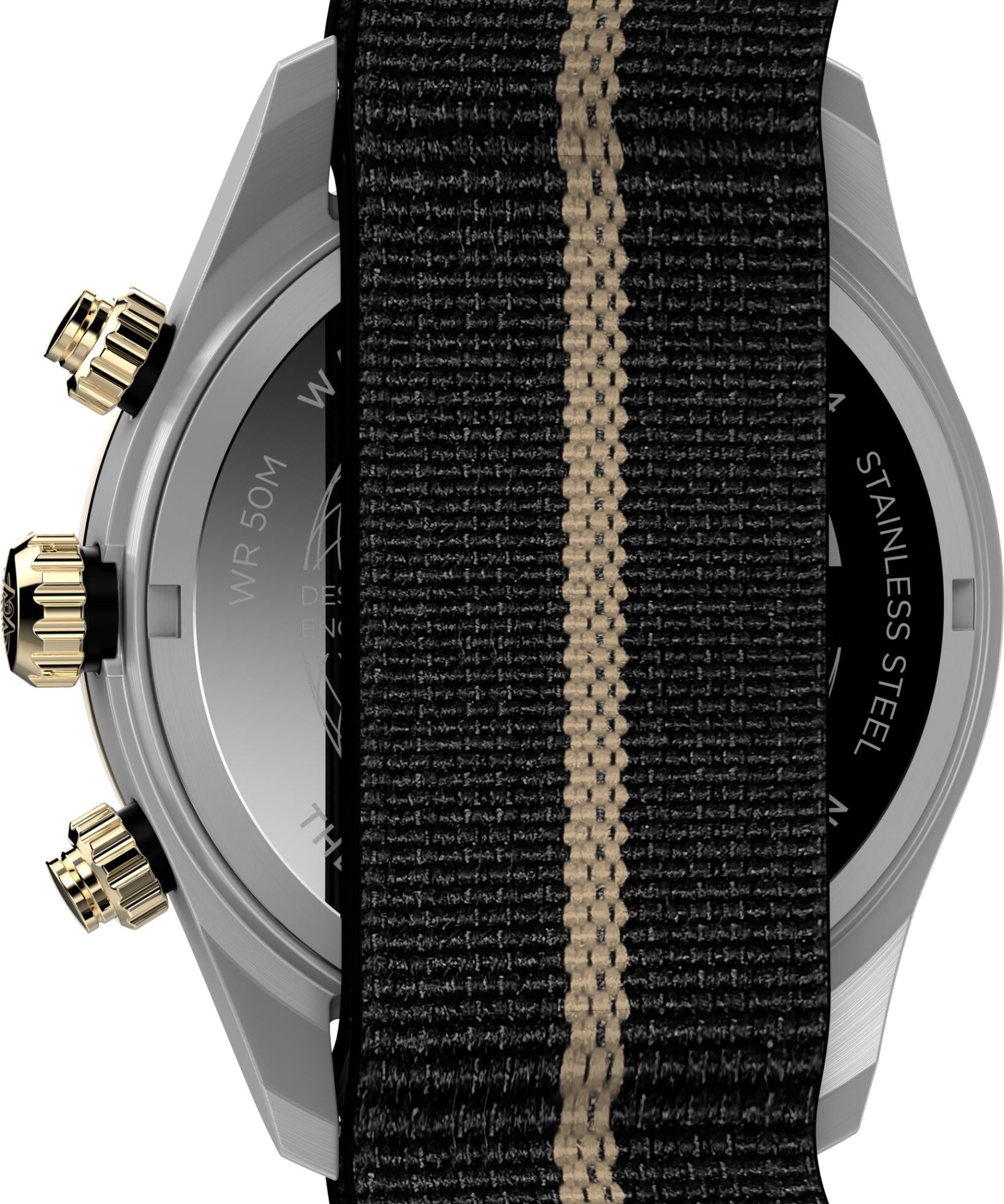 Timex Waterbury 39mm Chronograph Schwarzes Zifferblatt Stoff Herren Quarz Uhr TW2Y35400