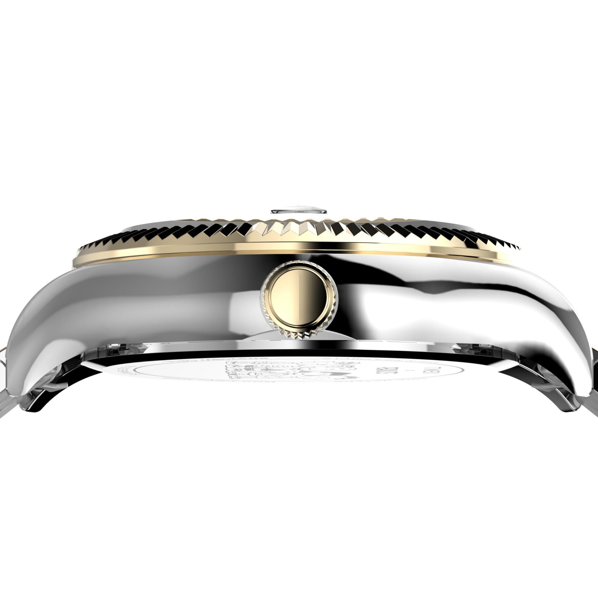 Timex Peanuts TW2Y11100 stainless steel case side profile and gold-tone crown detail close-up