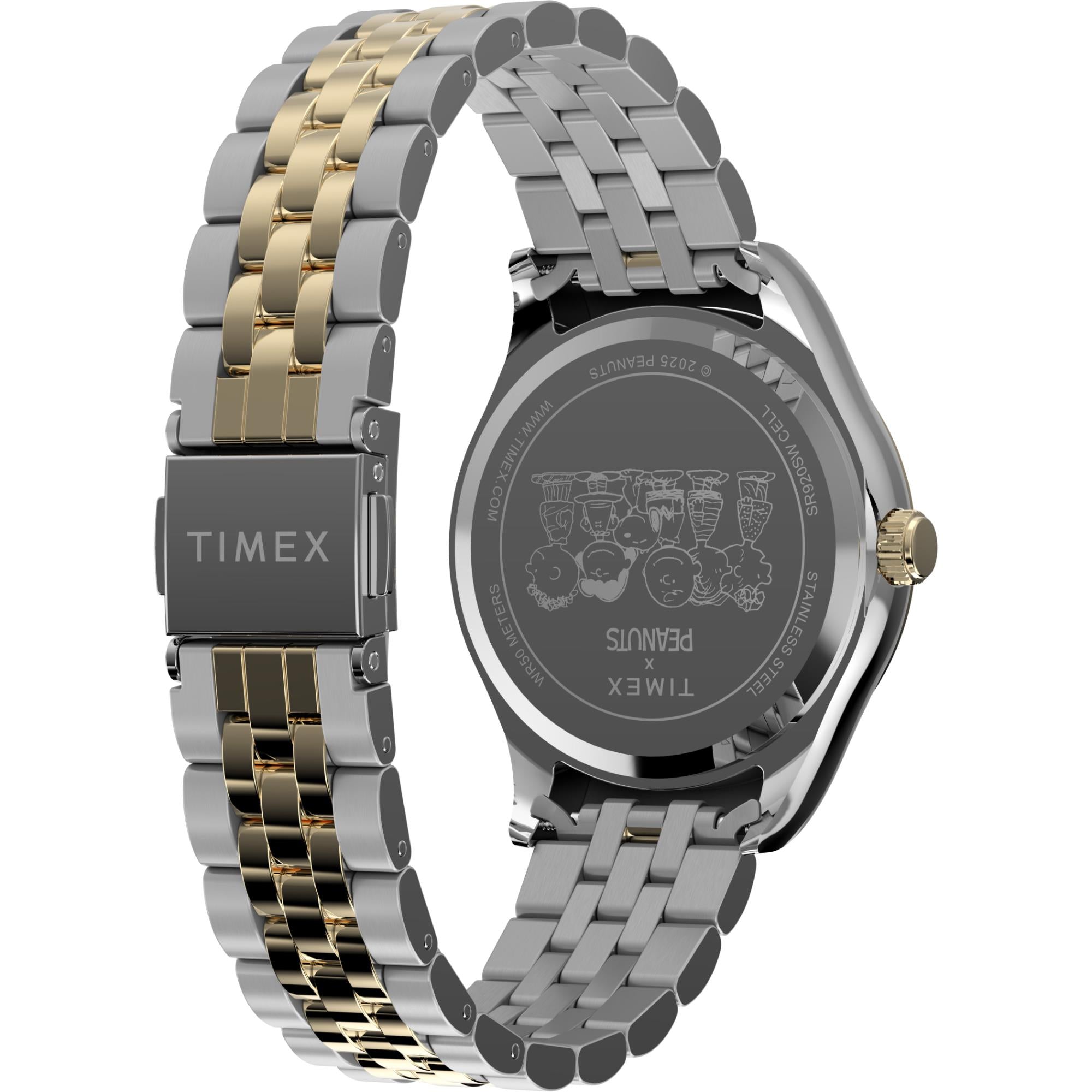 Timex TW2Y11100 two-tone stainless steel bracelet, clasp, and Peanuts character engraved caseback angled view