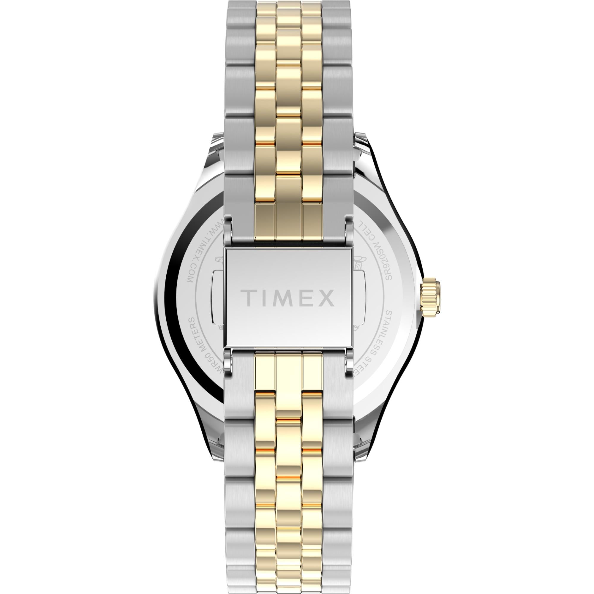 Timex TW2Y11100 two-tone stainless steel bracelet and fold-over clasp detail