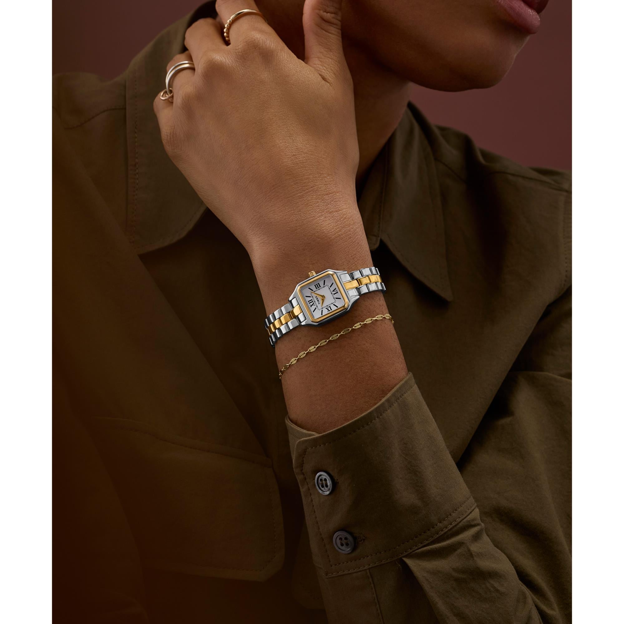 Timex TW2Y23900 two-tone stainless steel watch styled on wrist view