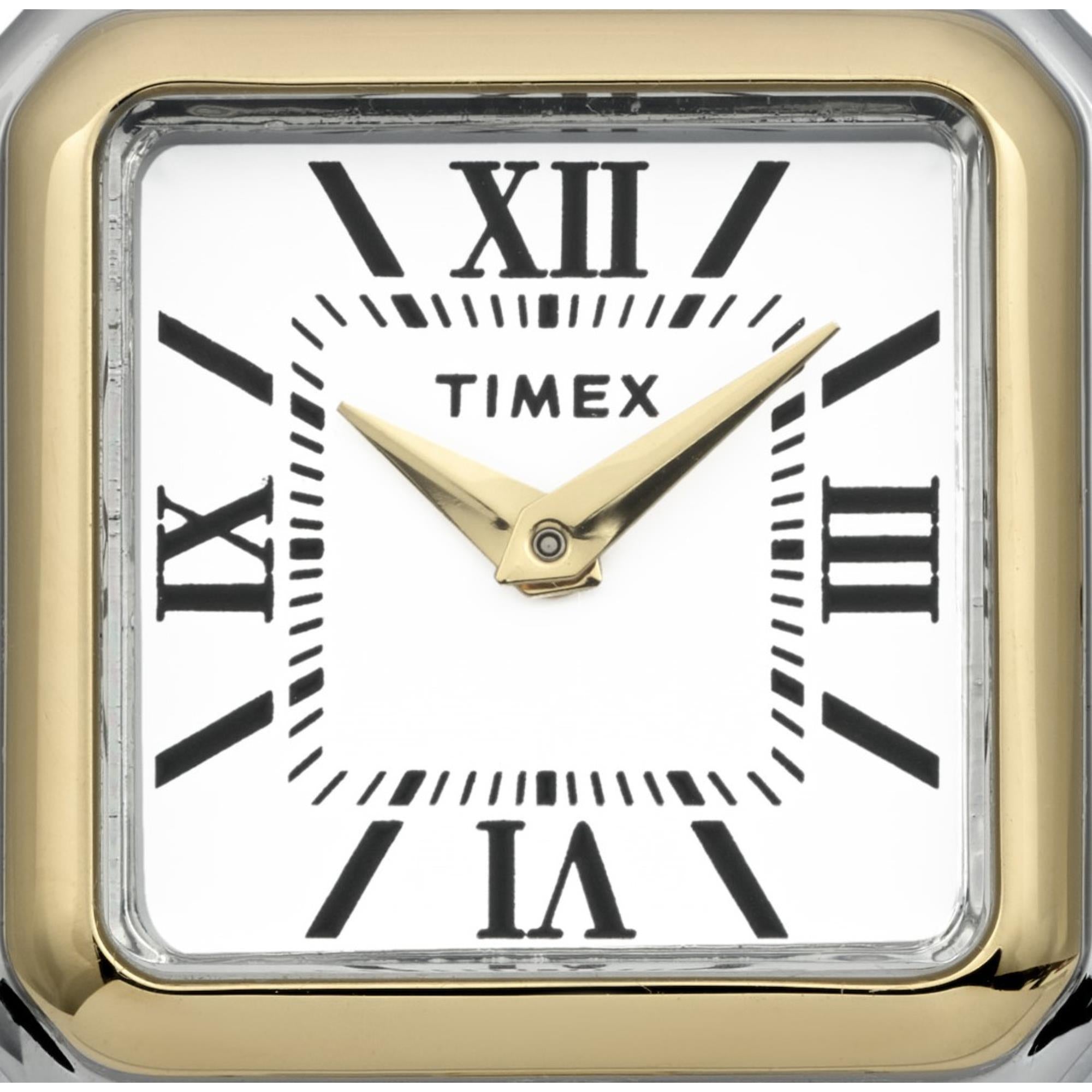 Timex TW2Y23900 square white dial with black Roman numerals and gold-tone hands close-up
