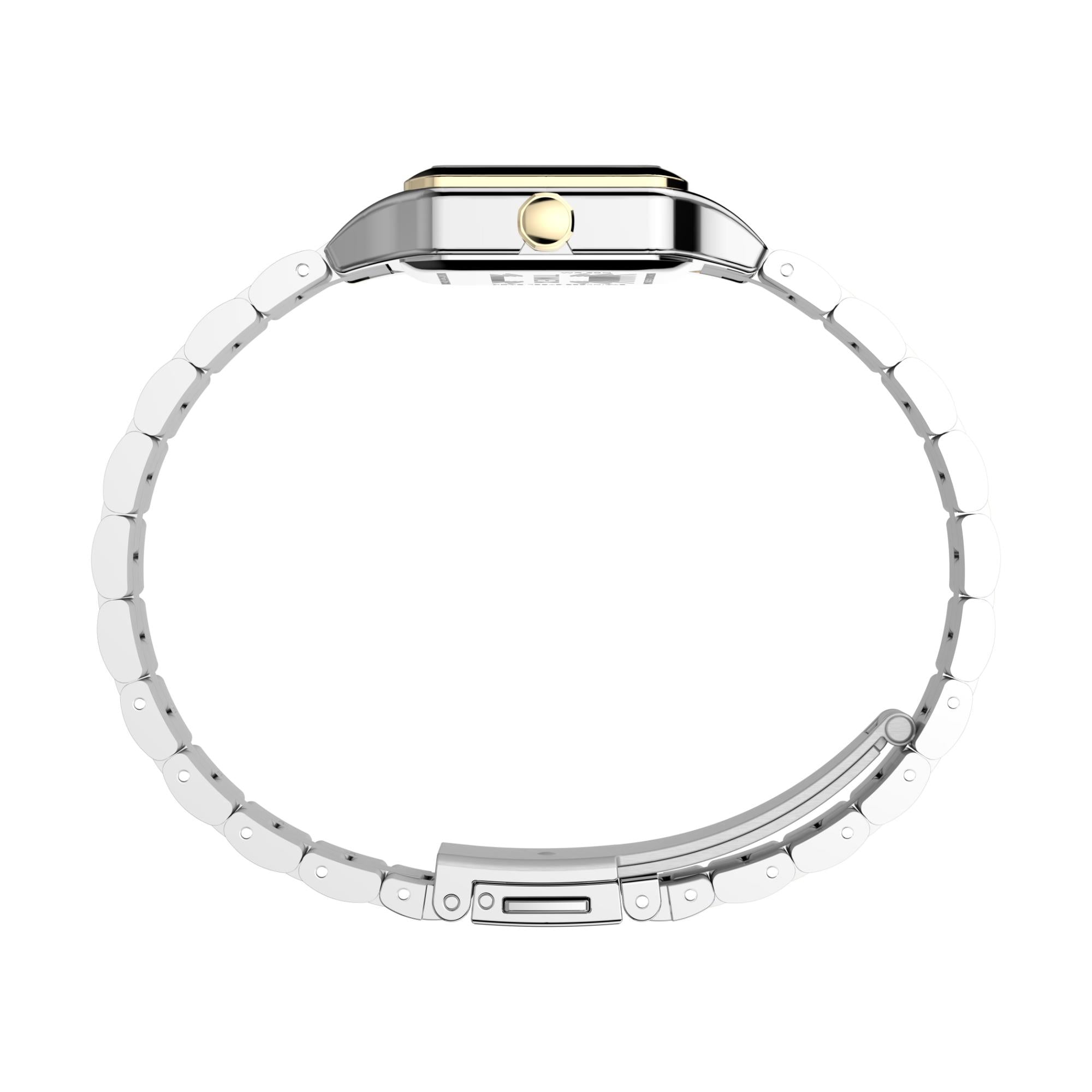 Timex Legacy Collection TW2Y23900 profile view of case and two-tone bracelet curvature