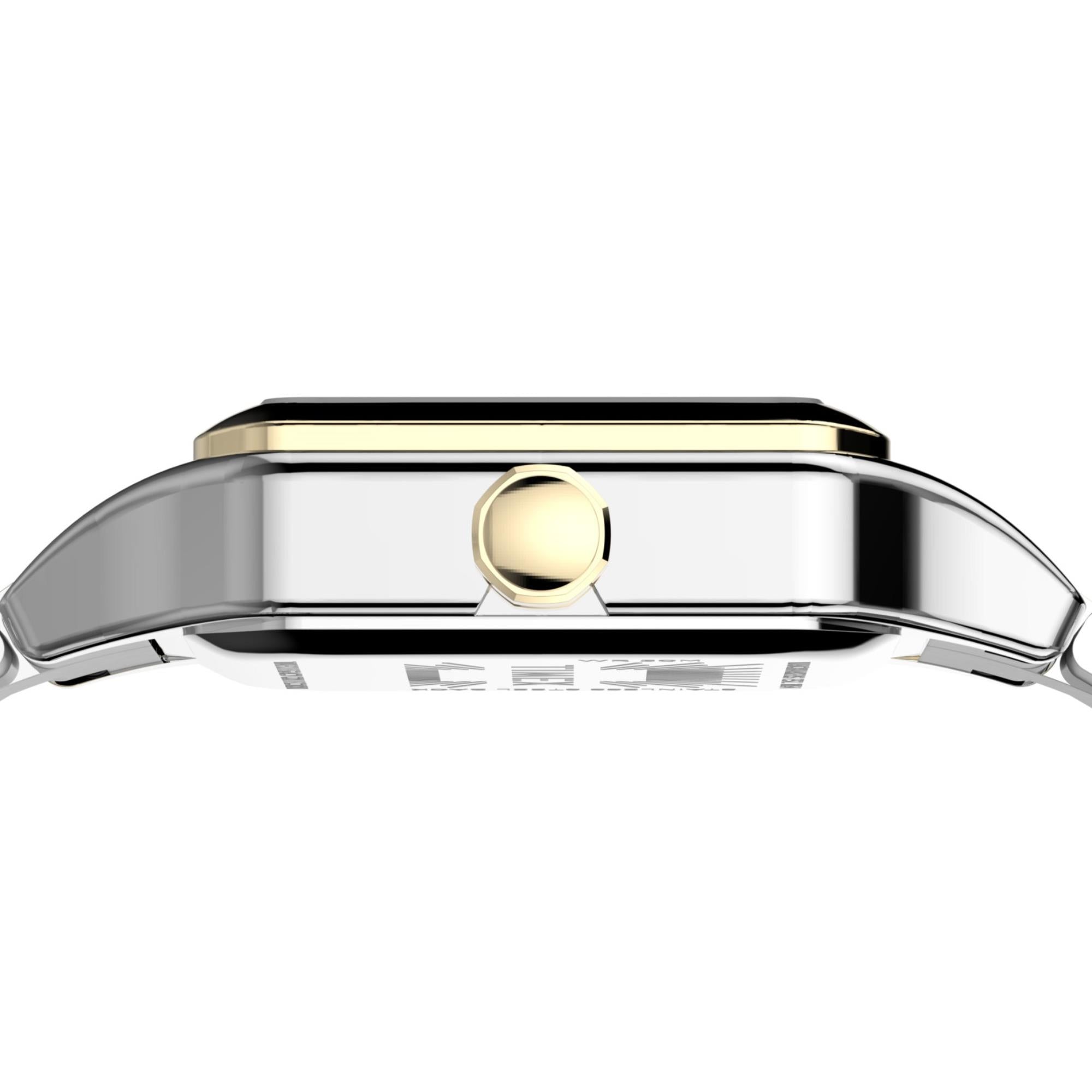 Timex TW2Y23900 stainless steel watch case side profile and gold-tone crown detail