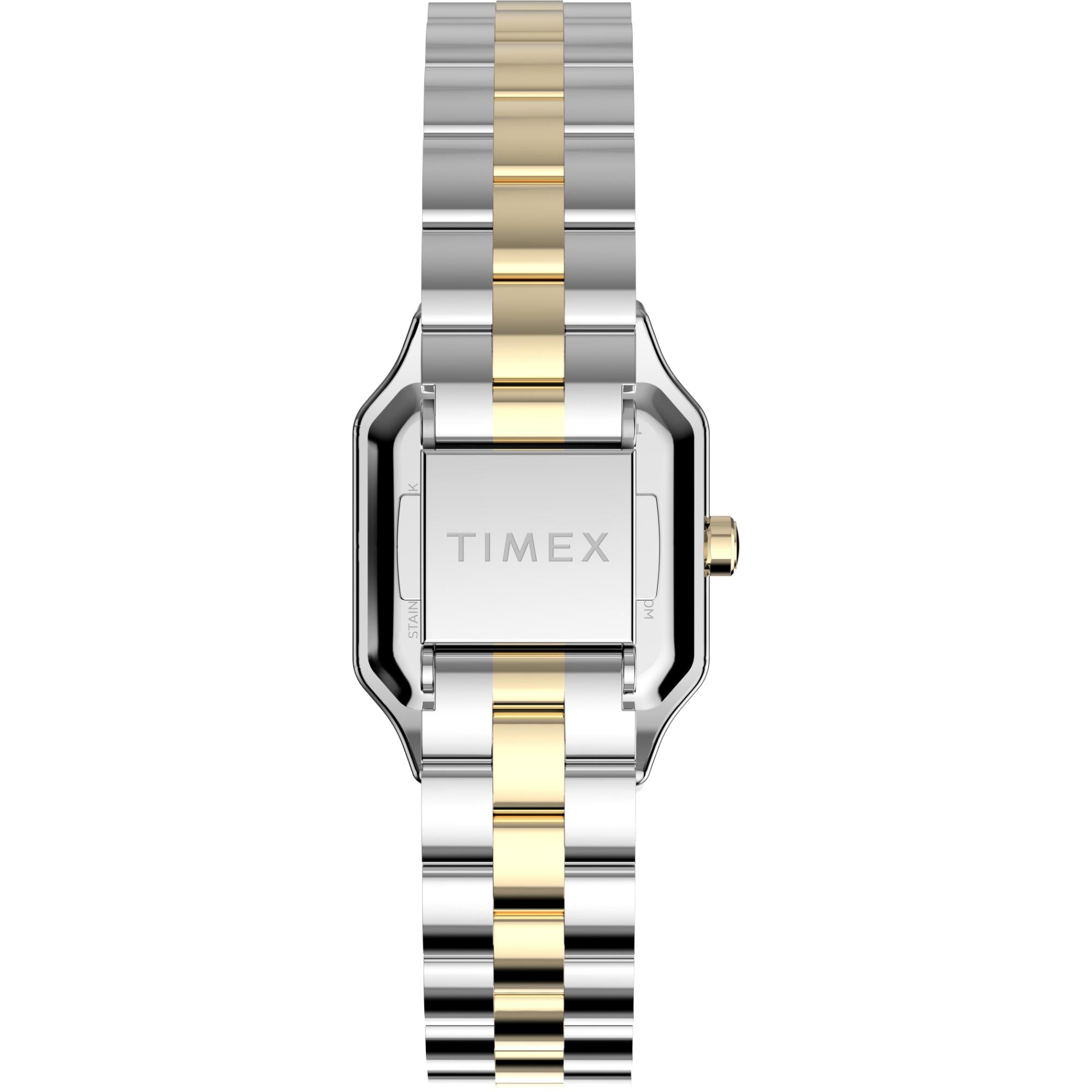 Timex TW2Y23900 two-tone stainless steel watch bracelet and signature fold-over clasp flat view