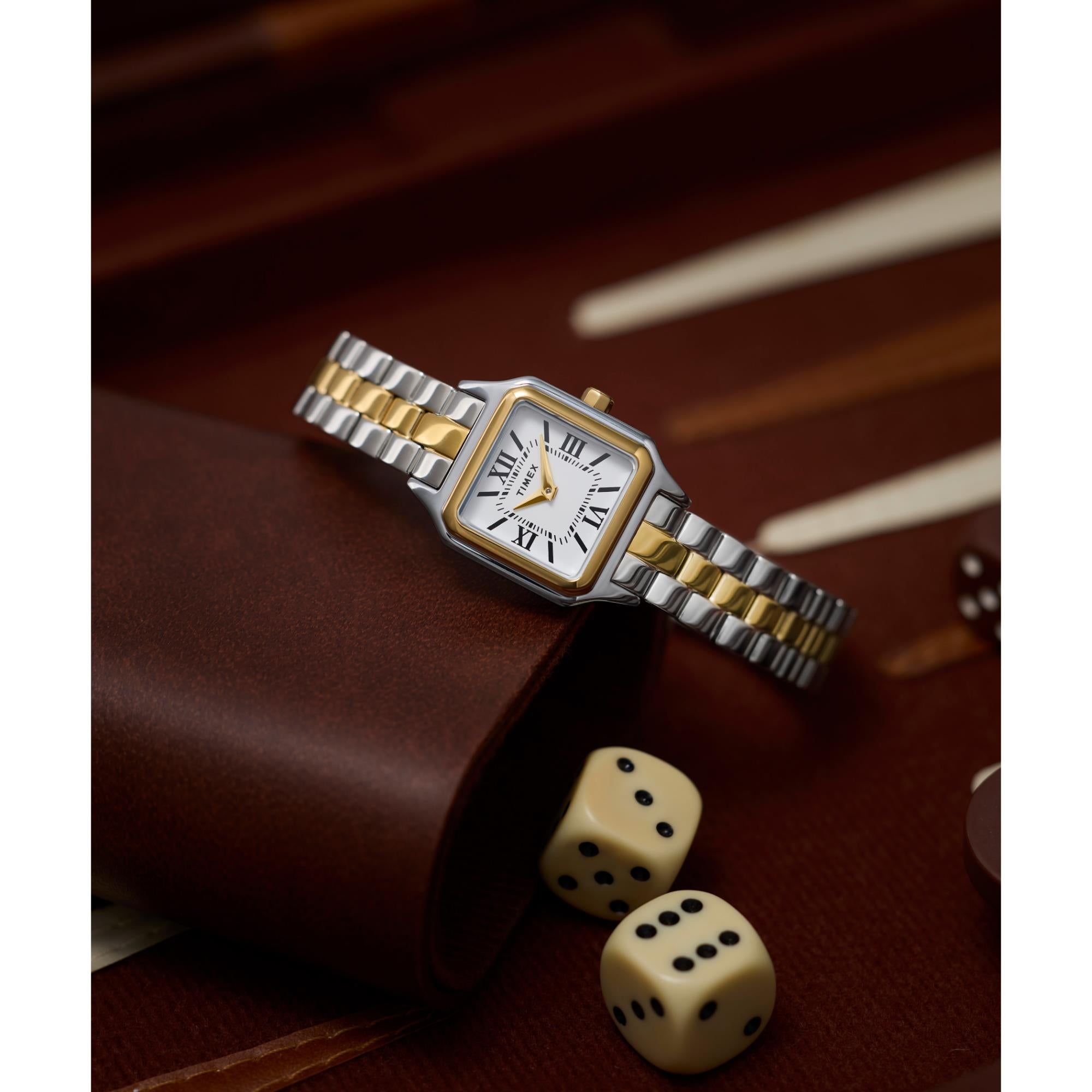 Timex TW2Y23900 square dial watch angled display on a leather dice cup view