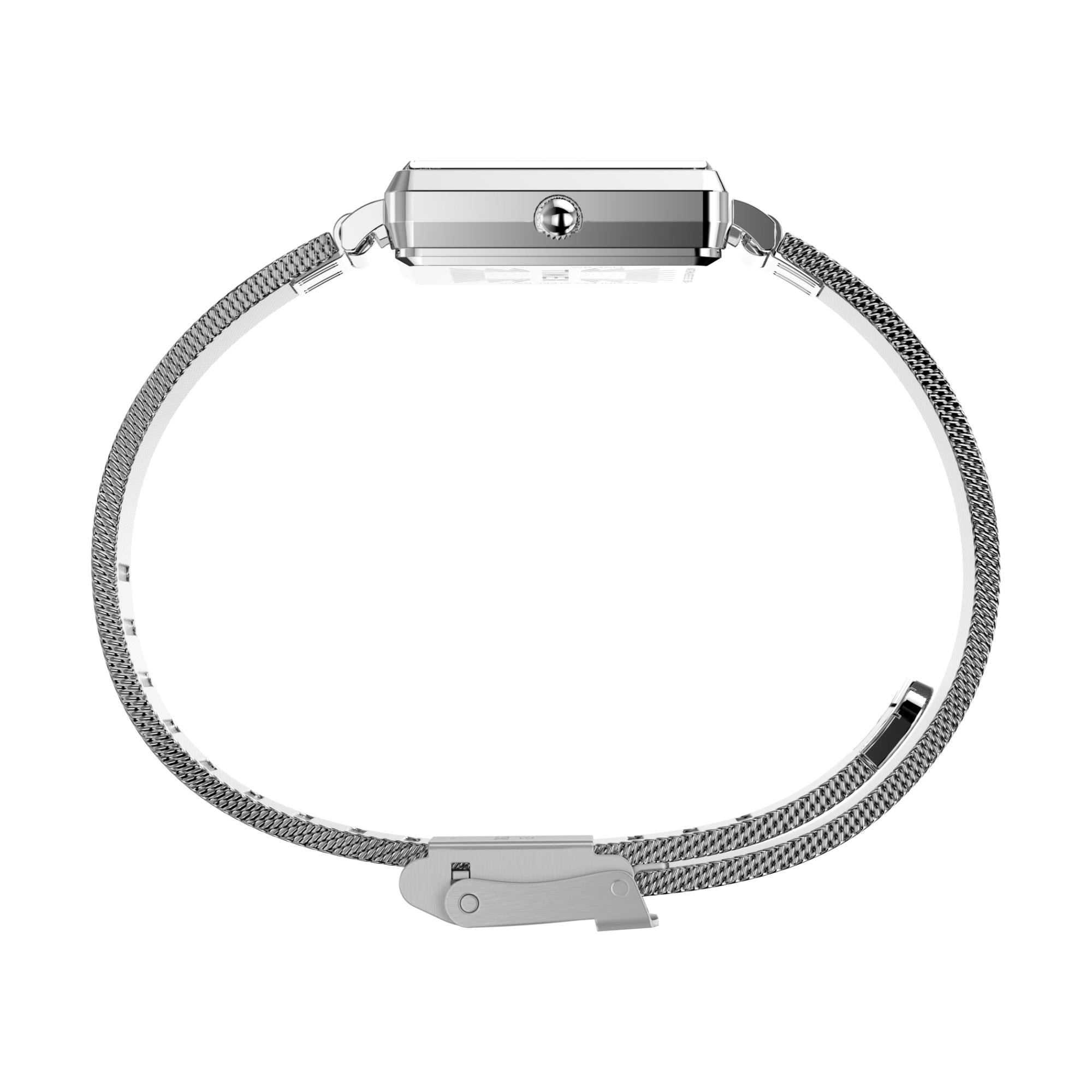 Timex TREND TW2Y26300 stainless steel case side view and mesh bracelet profile