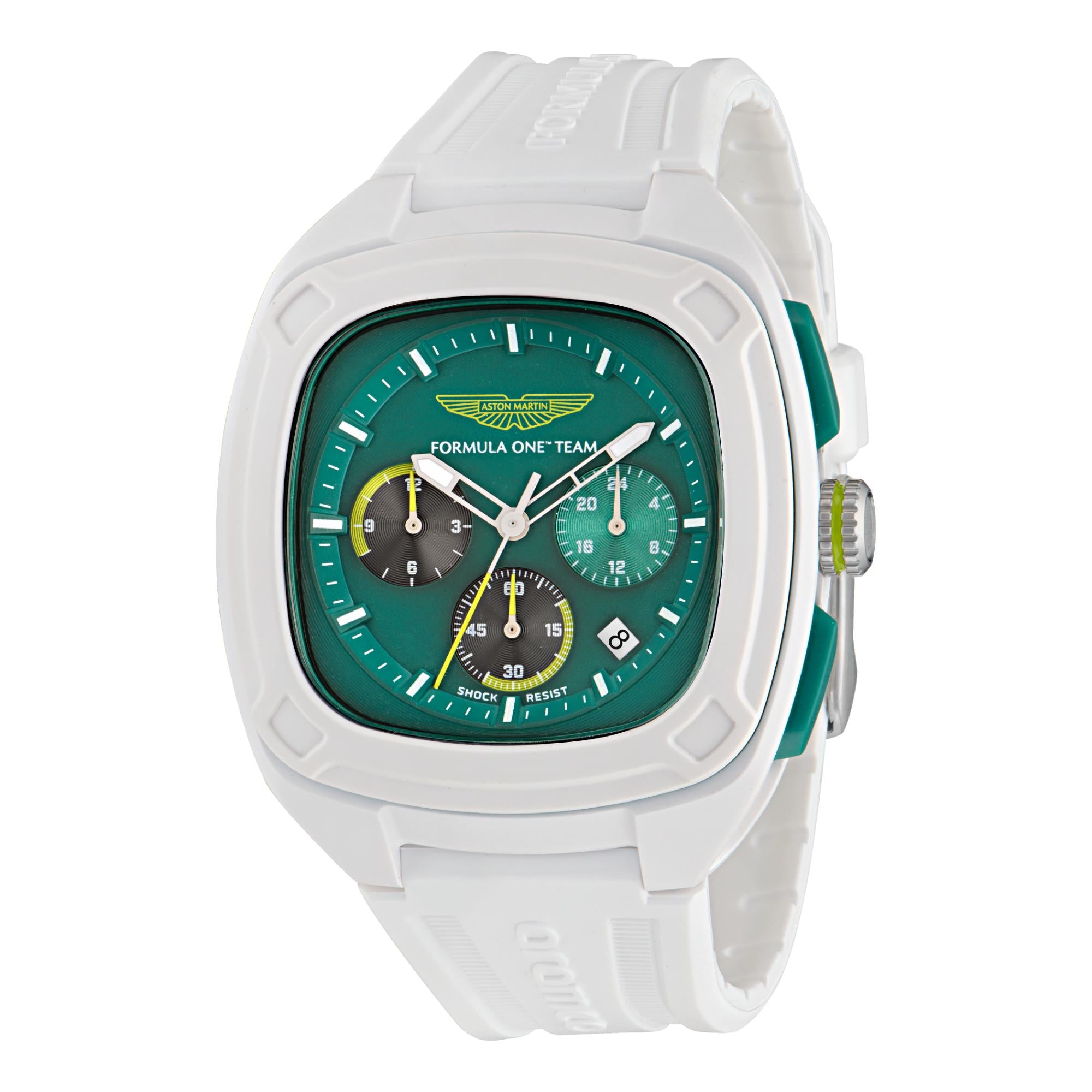 Aston Martin Aramco Formula One Team Quartz Chronograph Podium Green Dial White Silicone Strap Men's Watch MTFO1F502