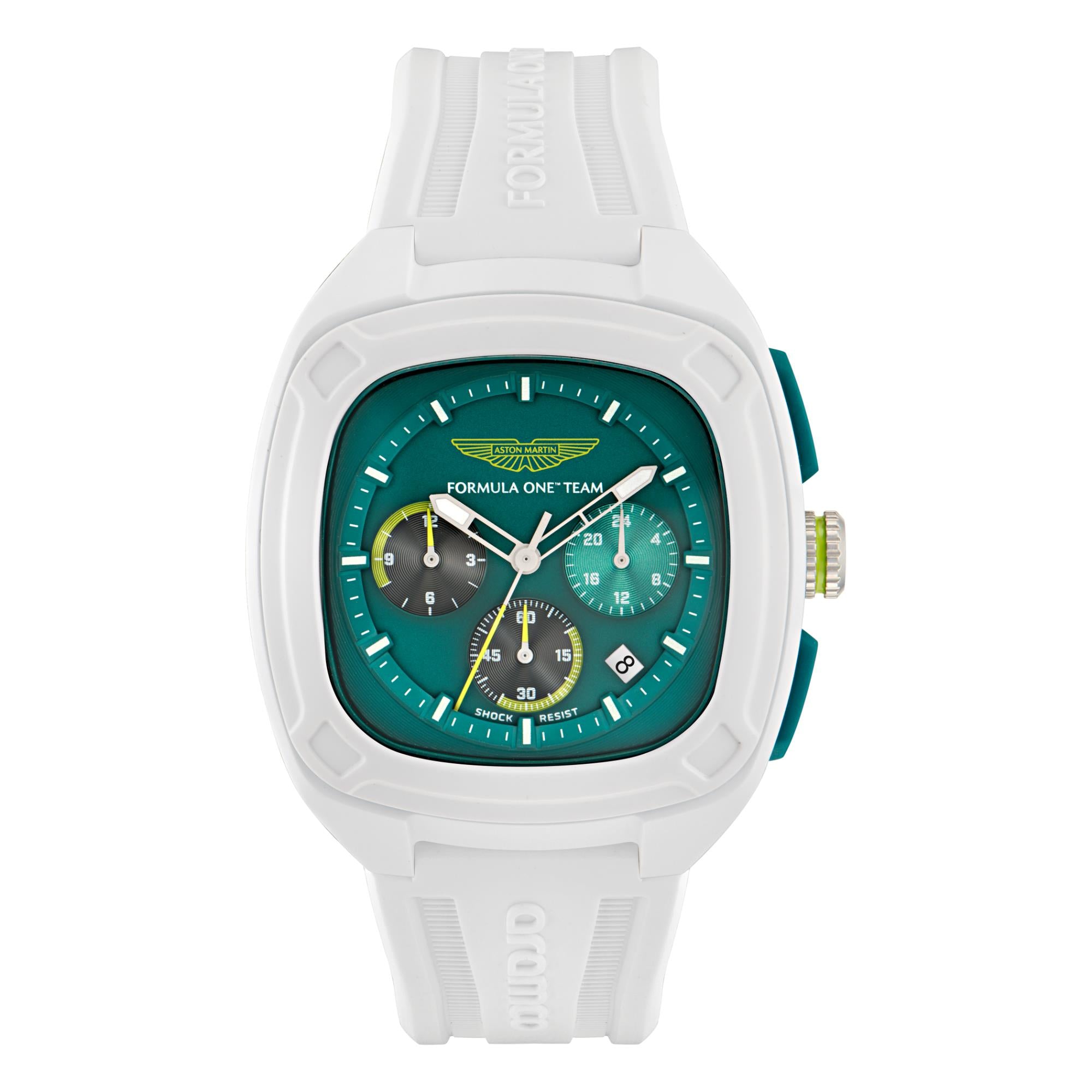 Aston Martin Aramco Formula One Team Quartz Chronograph Podium Green Dial White Silicone Strap Men's Watch MTFO1F502