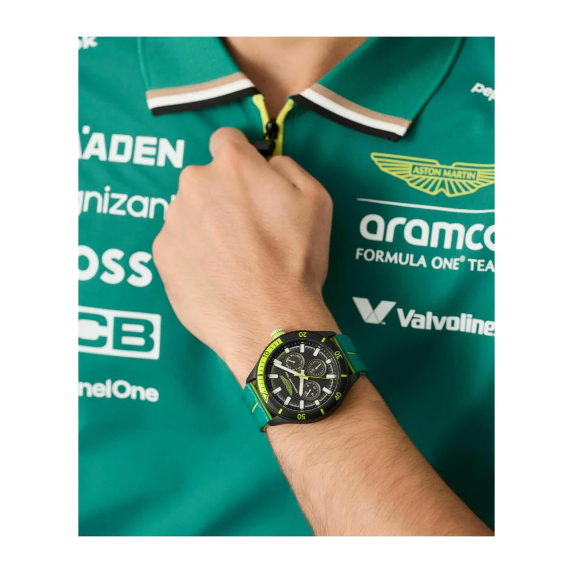 Aston Martin Aramco Formula One Team Quartz Chronograph Black Dial Podium Green and Yellow Silicone Strap Men's Watch MTFP1F501