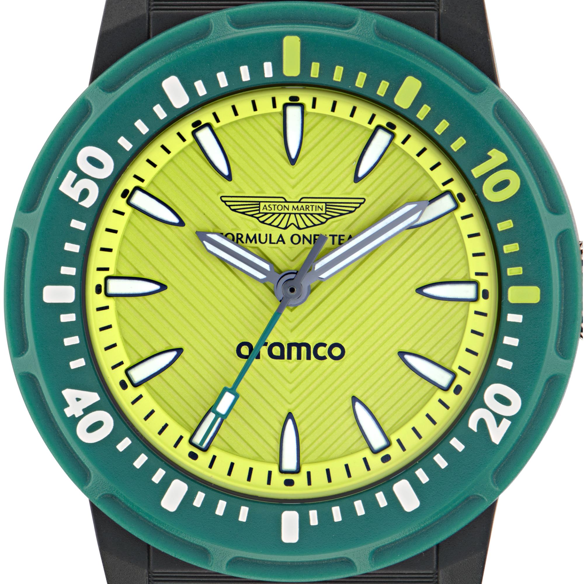 Aston Martin Aramco Formula One Team Yellow Dial Podium Green Silicone Watch MTFK1F501