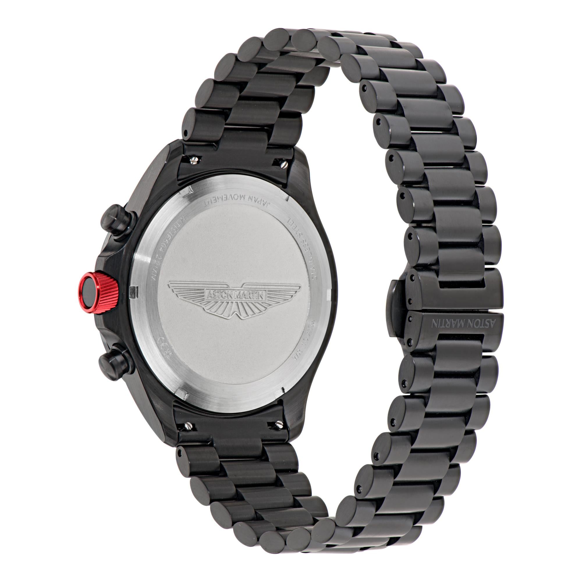Aston Martin Quarz Chronograph schwarzes Zifferblatt IP Schwarz RSST-Armband Herren Uhr MTIS1F504