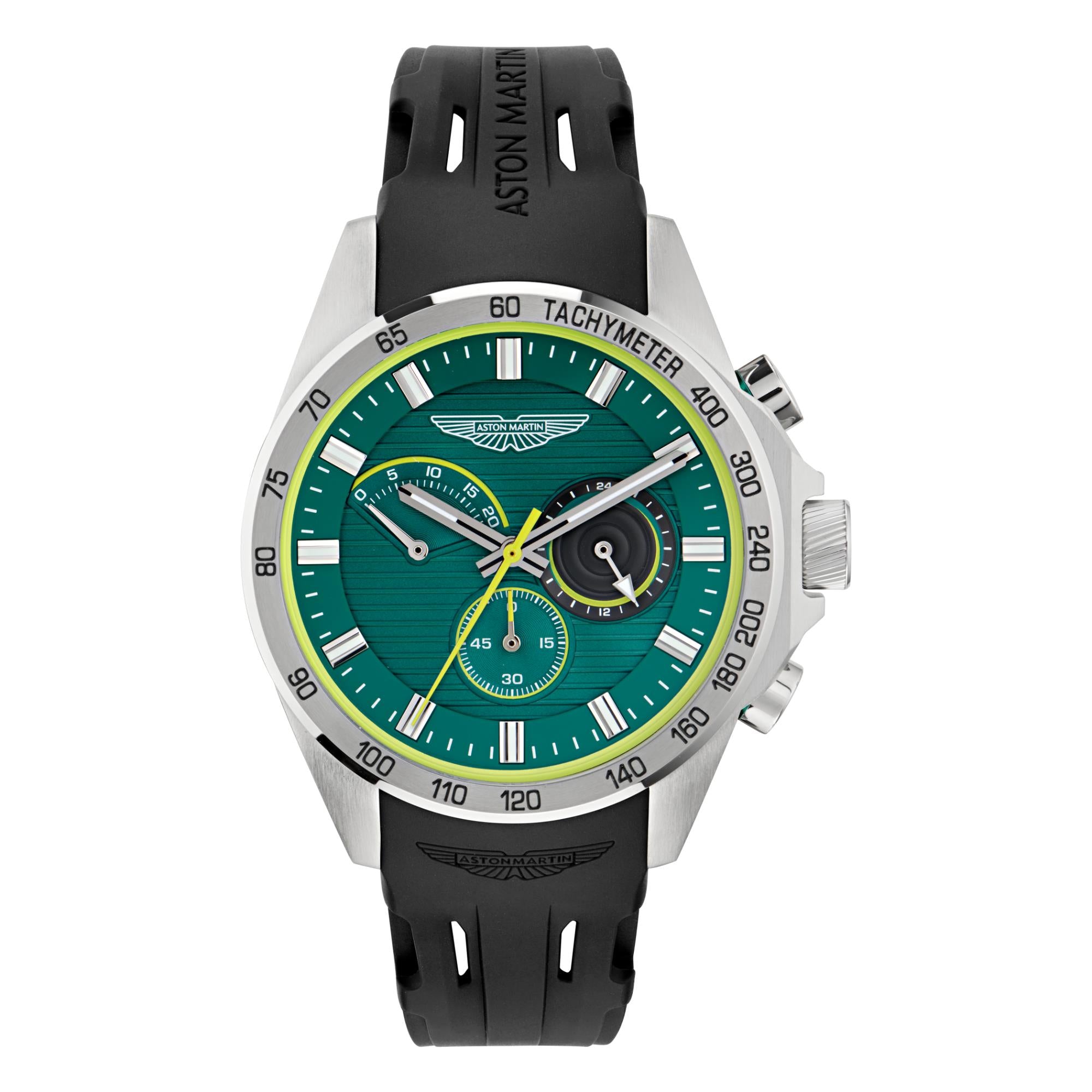 Aston Martin Quartz Chronograph Green Dial Black Silicone Strap Men's Watch MTRH1F502