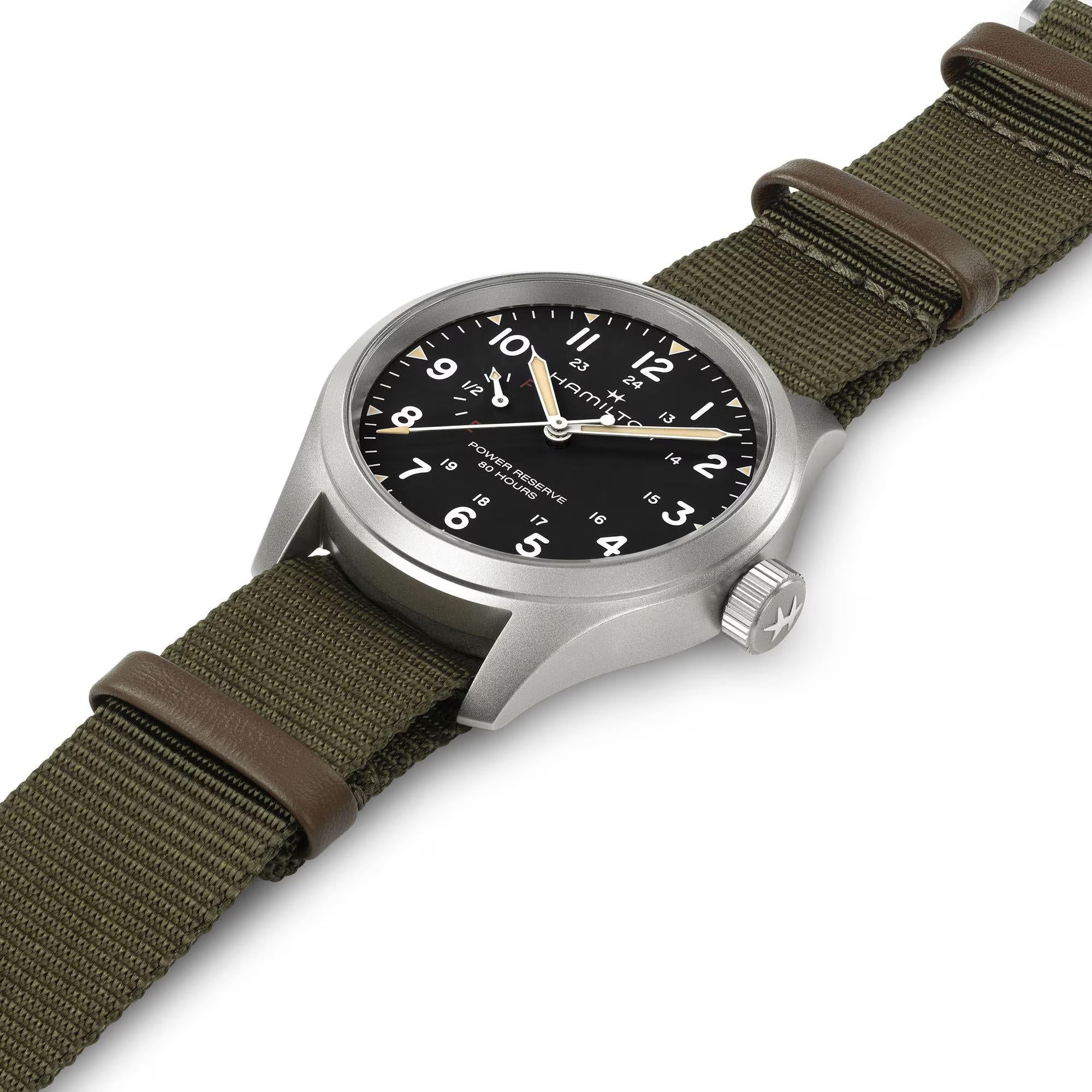 Hamilton Khaki Field 40mm Power Reserve schwarzes Zifferblatt NATO Herren mechanische Uhr H69509930