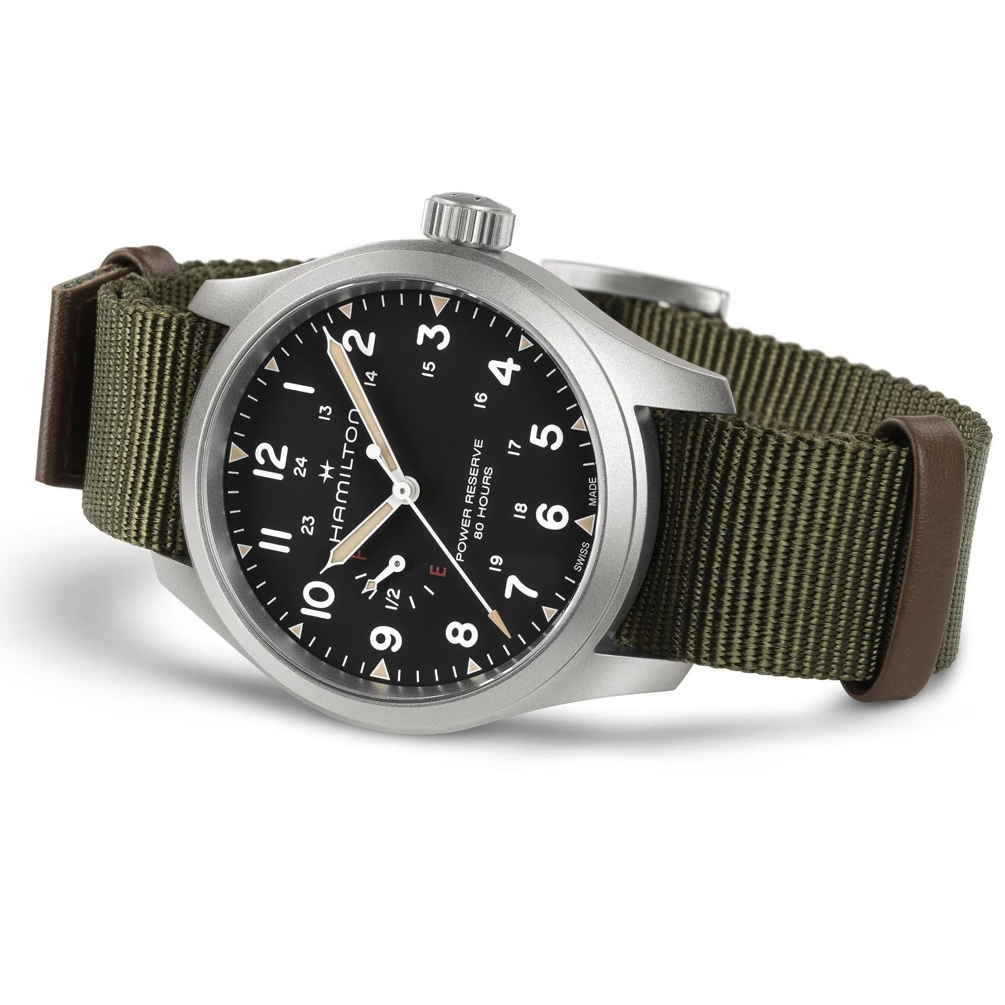 Hamilton Khaki Field 40mm Power Reserve schwarzes Zifferblatt NATO Herren mechanische Uhr H69509930