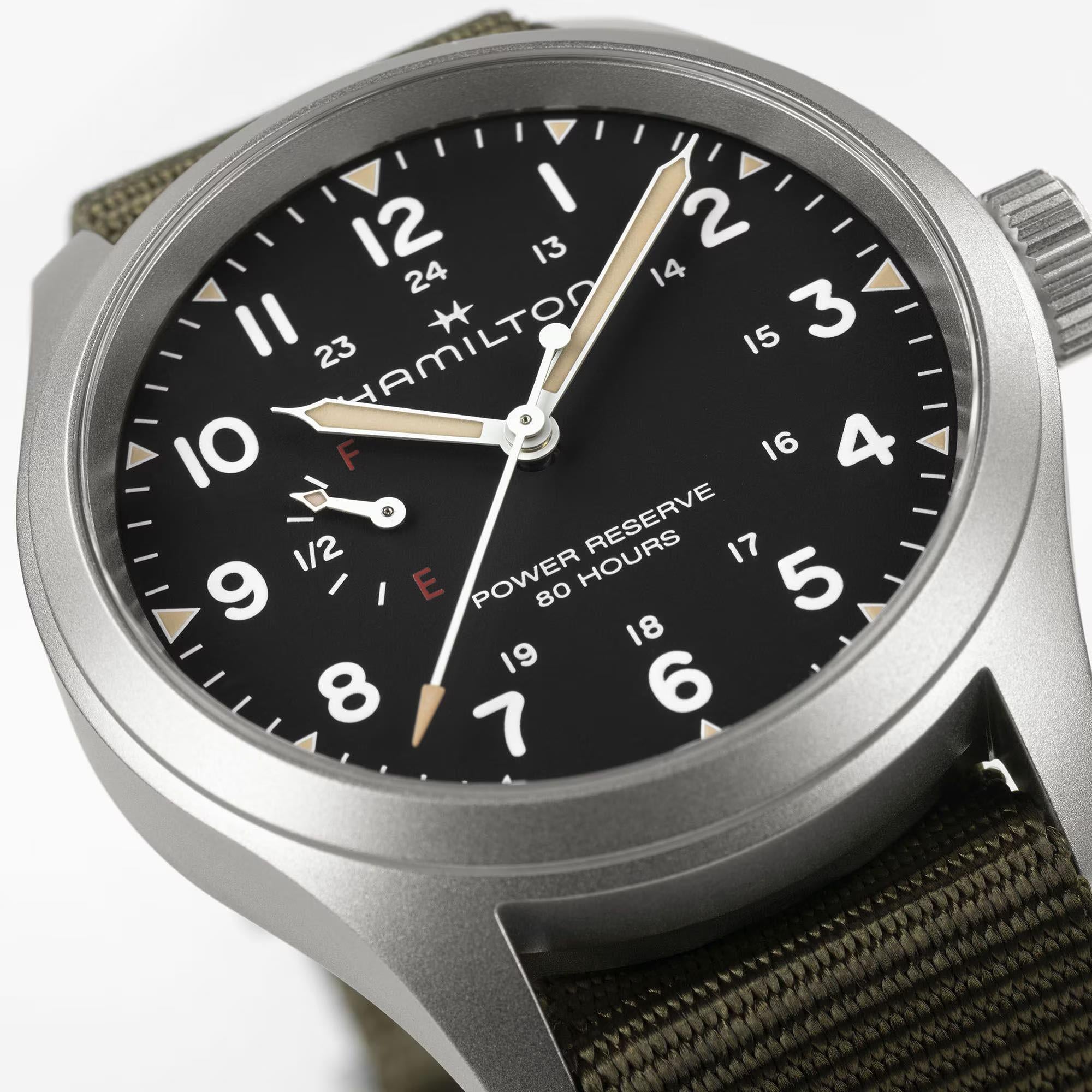 Hamilton Khaki Field 40mm Power Reserve schwarzes Zifferblatt NATO Herren mechanische Uhr H69509930