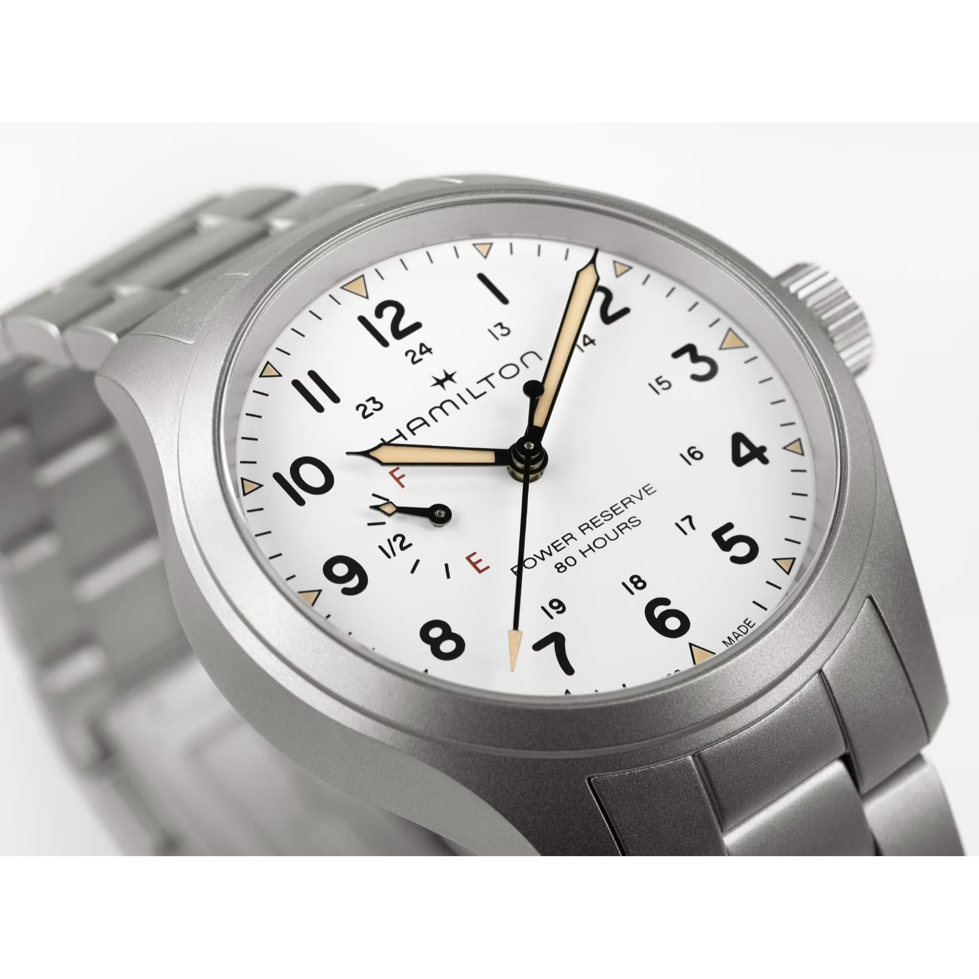 Hamilton Khaki Field H69509110 white dial with power reserve indicator at 9 o’clock close-up