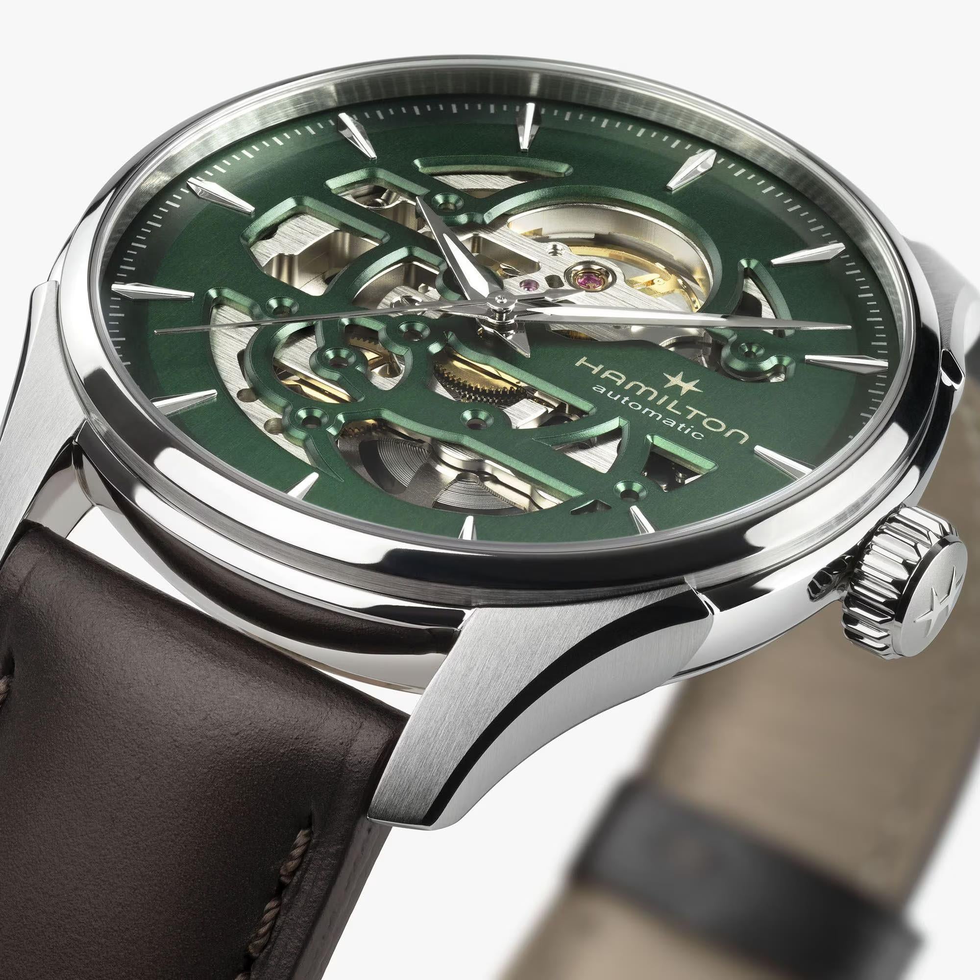 Hamilton Jazzmaster 40mm H42535560 Skeleton Automatic Green Dial Leather Strap Men's Watch close up