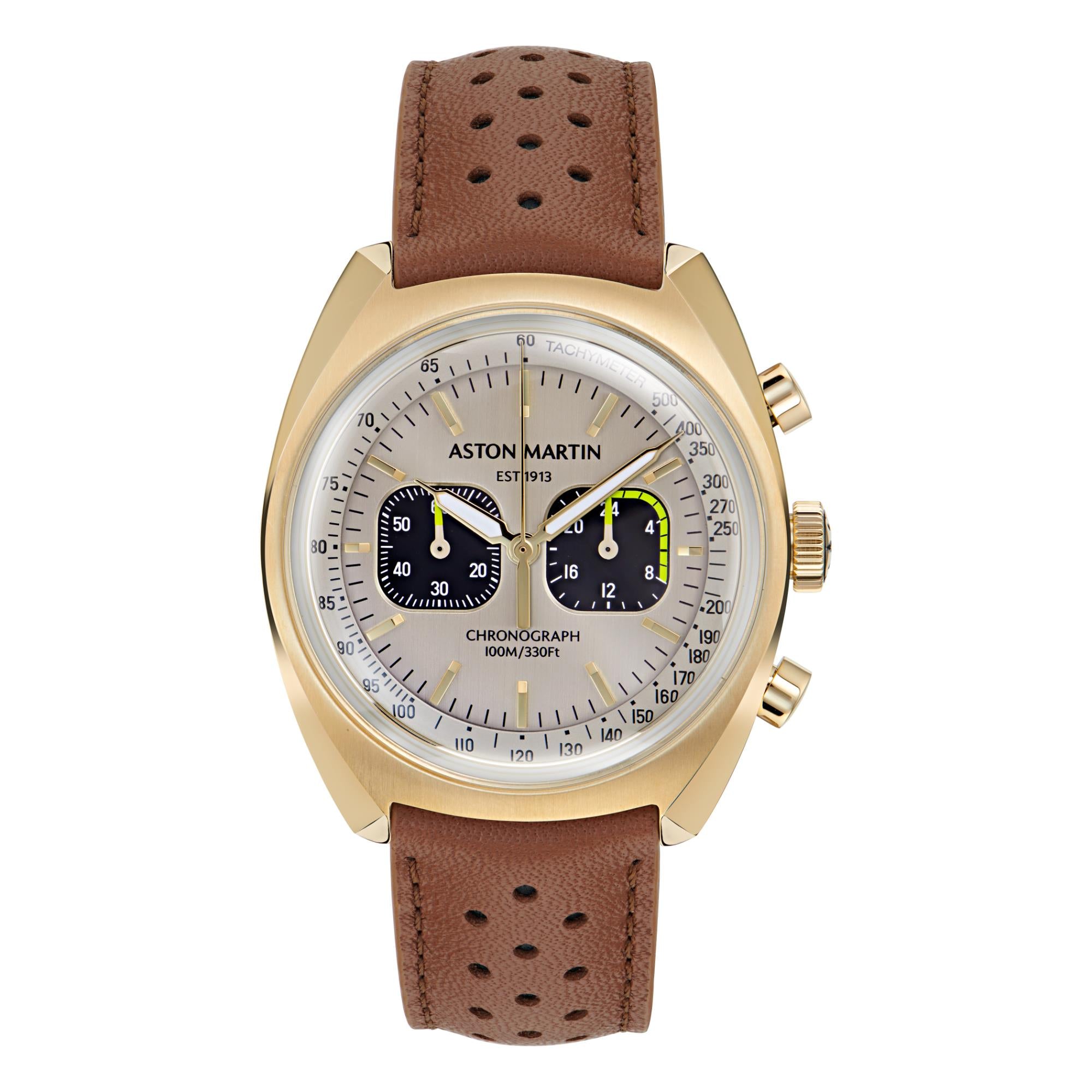 Aston Martin Automatik Chronograph champagnerfarbenes Zifferblatt hellbraunes Lederarmband Herren Uhr MTTS2F502
