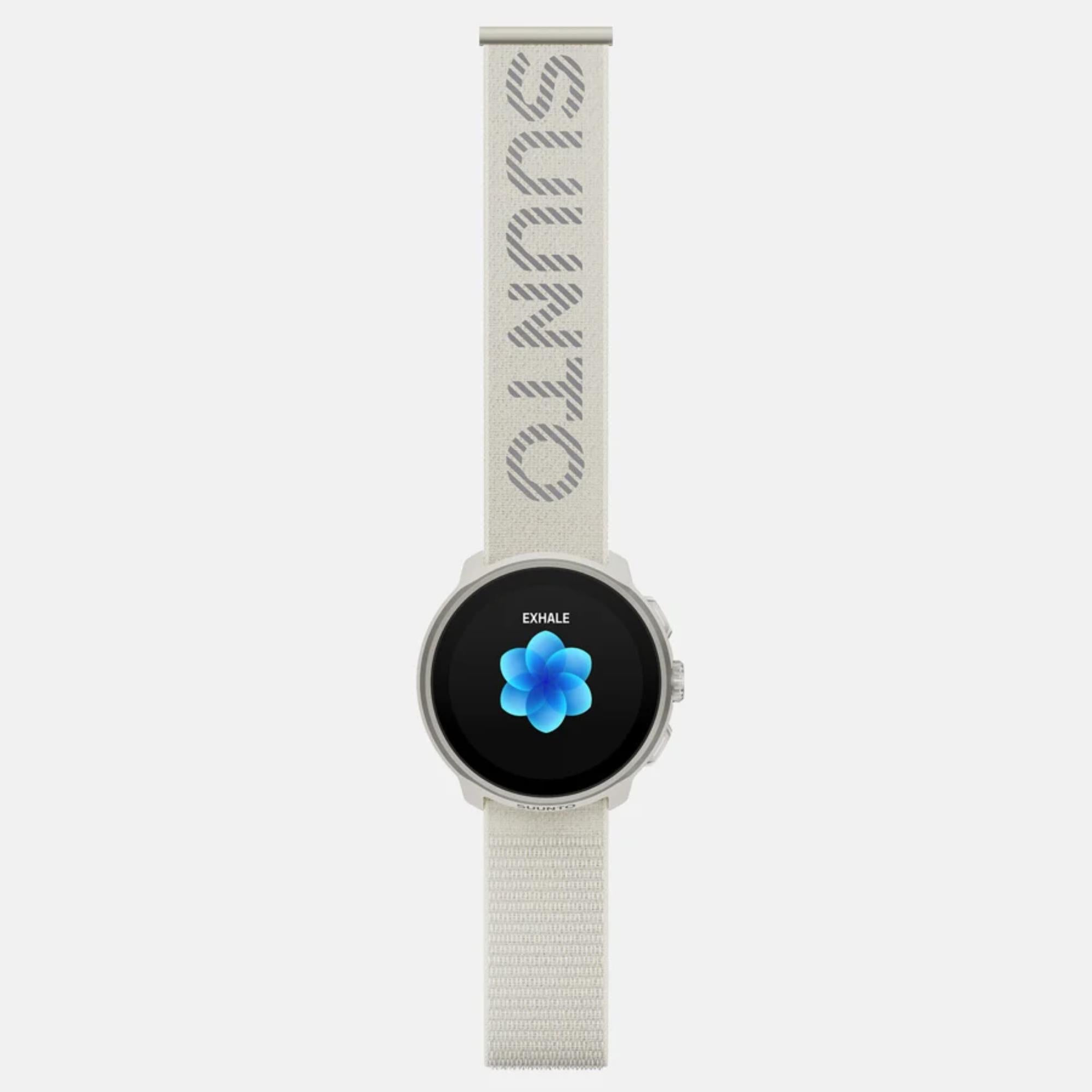Suunto Athletic 7 Loop Frost Gray strap attached to a silver sports watch with an "EXHALE" display front view