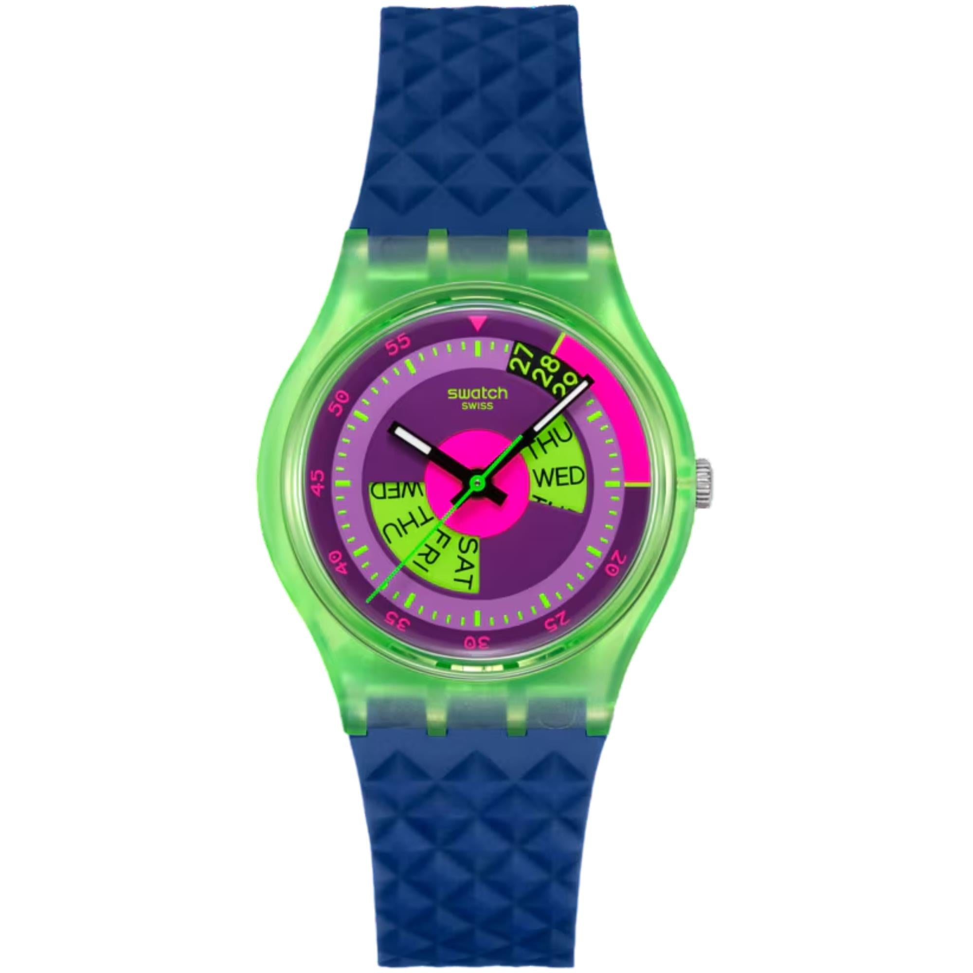 Swatch Originals Neon Skychart Quarz Uhr mit lila Zifferblatt und Silikonarmband SO28G704