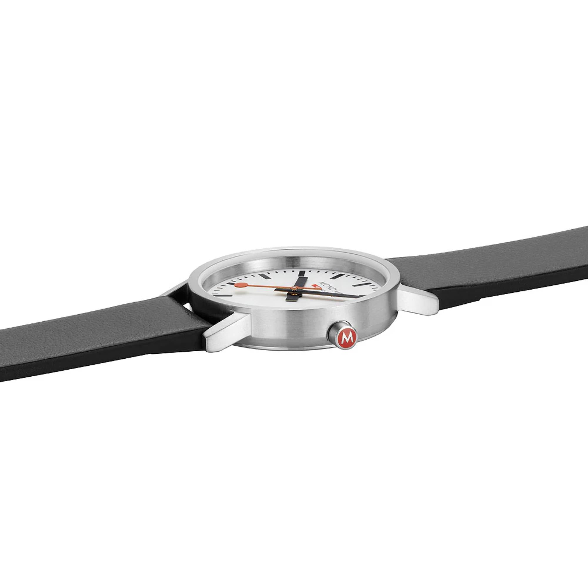Mondaine Classic A658.30323.16SBBV stainless steel case and red-accented crown detail