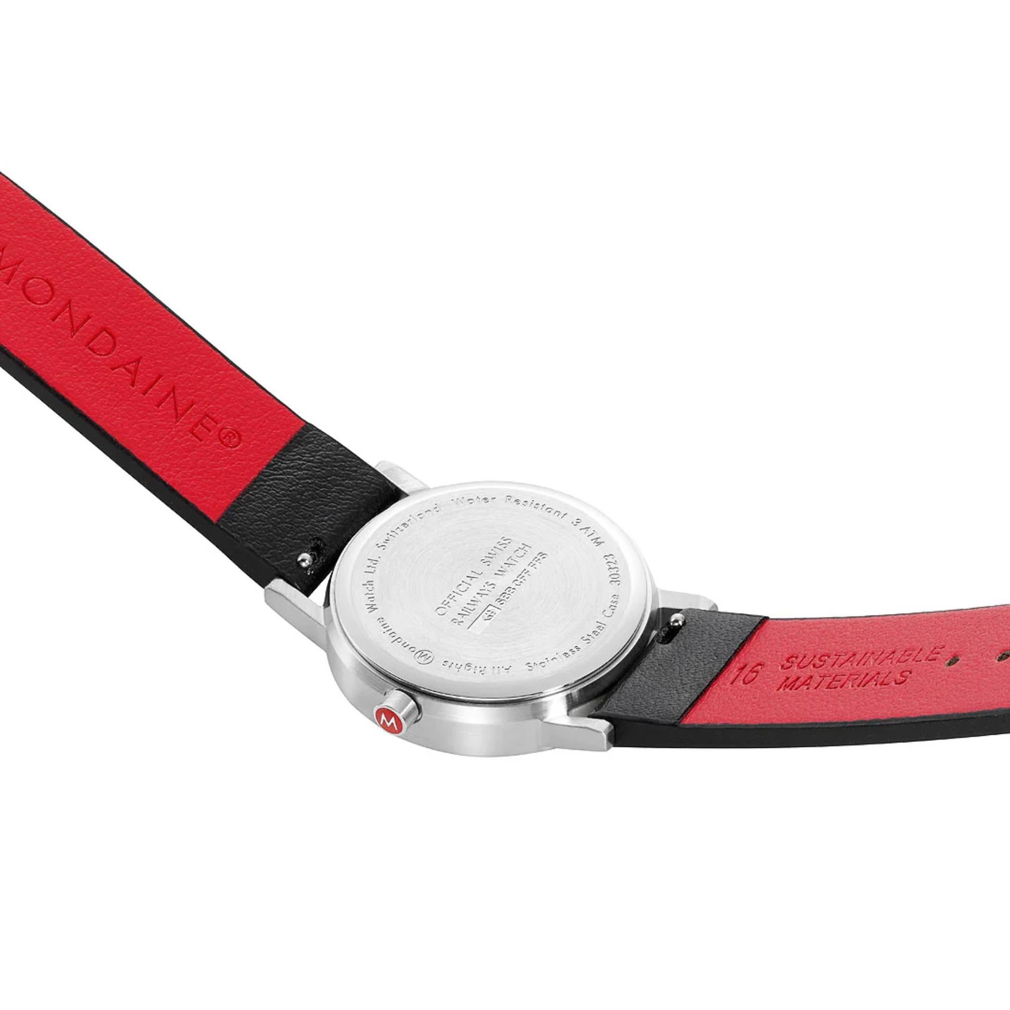 Mondaine Classic A658.30323.16SBBV stainless steel caseback and red-lined leather strap detail
