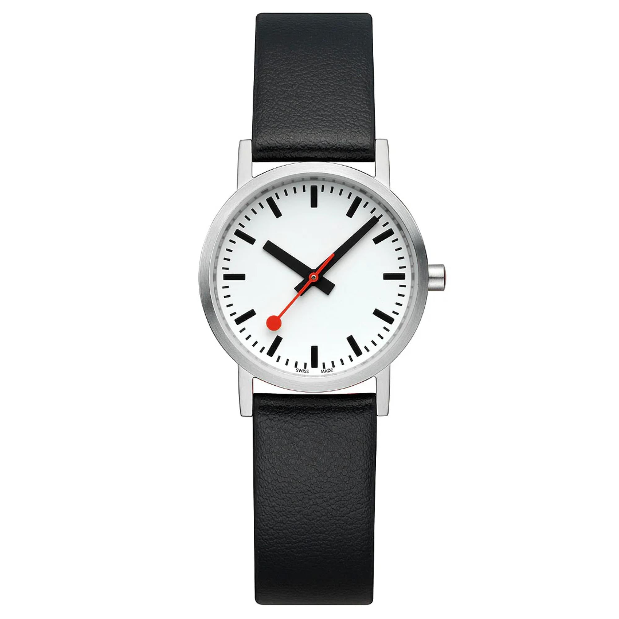 Mondaine Classic A658.30323.16OMV iconic Swiss railway white dial and black leather strap front view