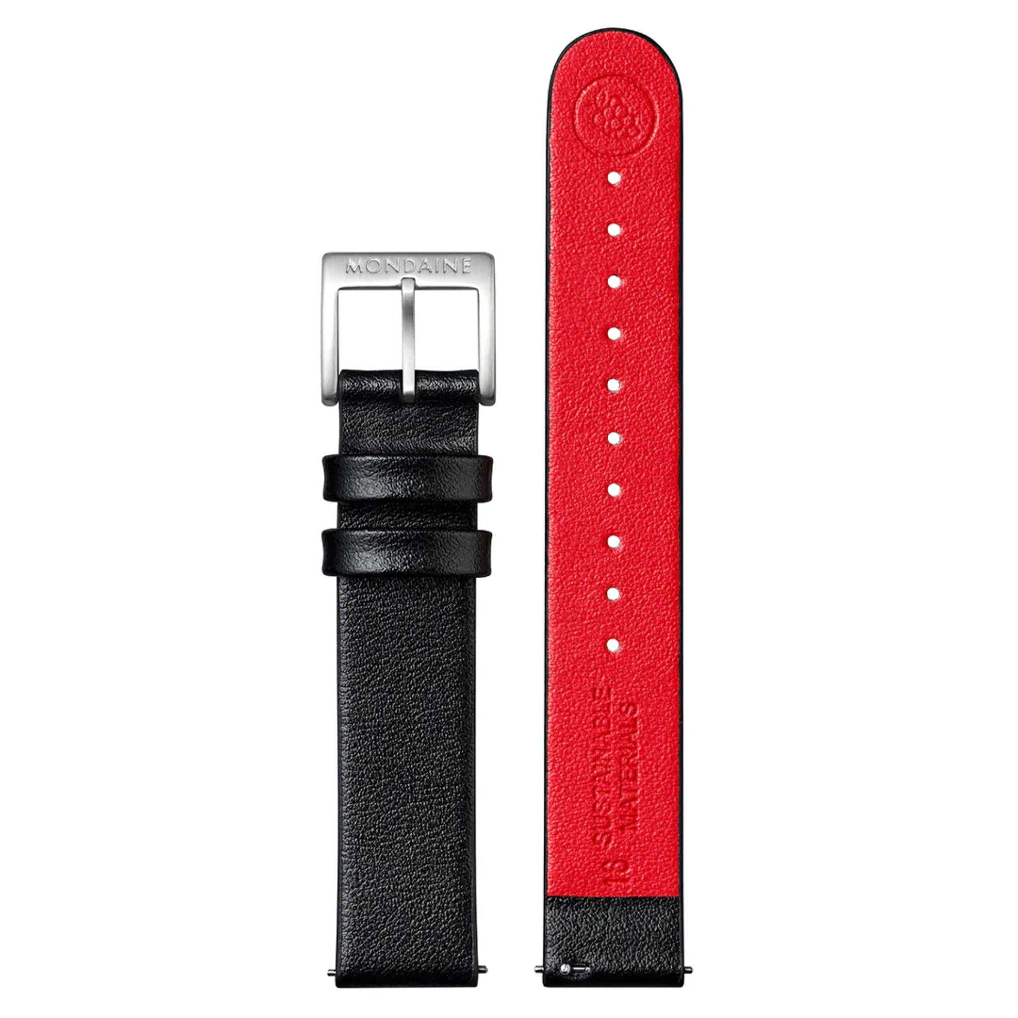 Mondaine A658.30323.16OMV black leather strap with silver buckle and red sustainable materials lining detail