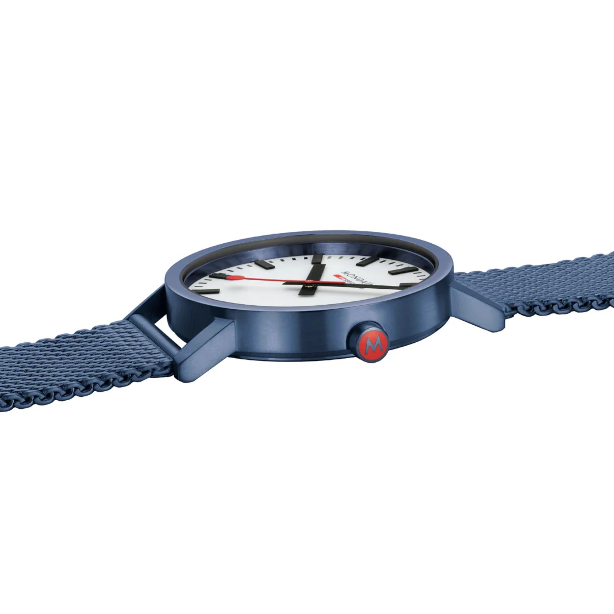 Mondaine Essentials A660.30360.1BSBM blue stainless steel case and crown detail