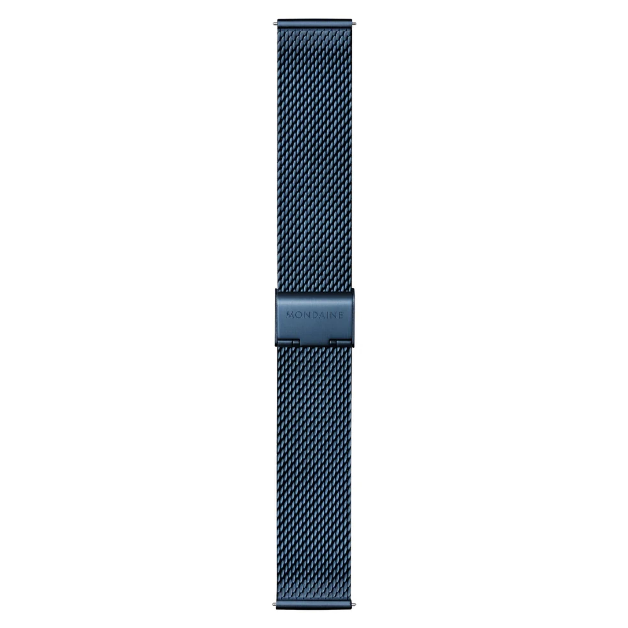 Mondaine A660.30360.1BSBM blue stainless steel mesh strap and engraved clasp detail