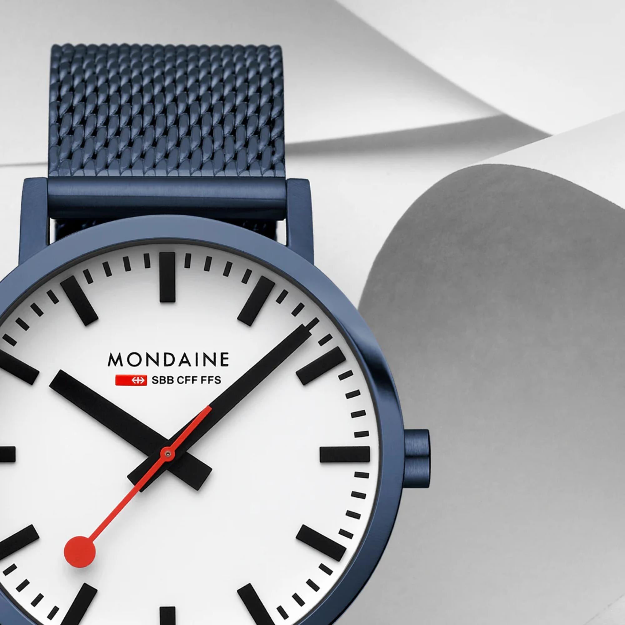Mondaine A660.30360.1BSBM white dial with black indicators and red second hand close-up