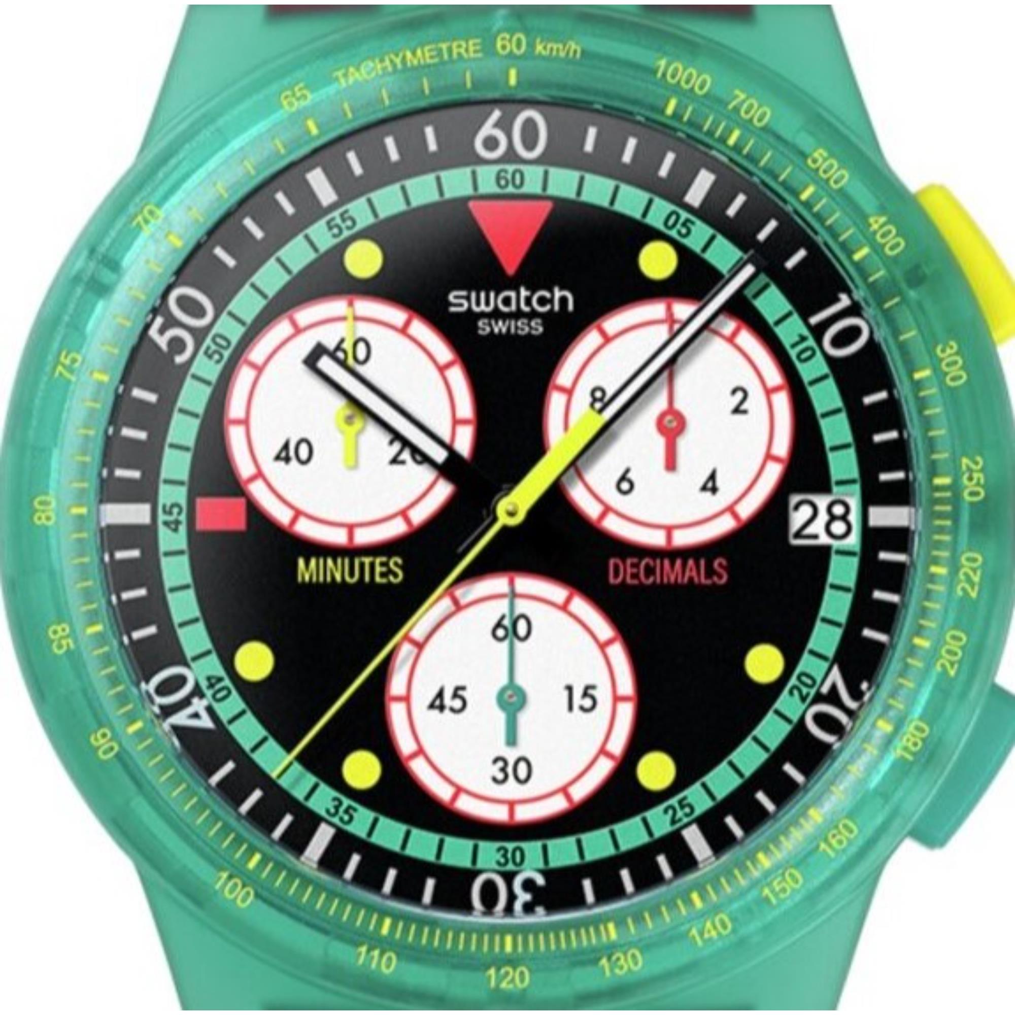 Swatch Originals Neon Emerald Chronograph Quartz Black Dial Silicone Watch SUSG409