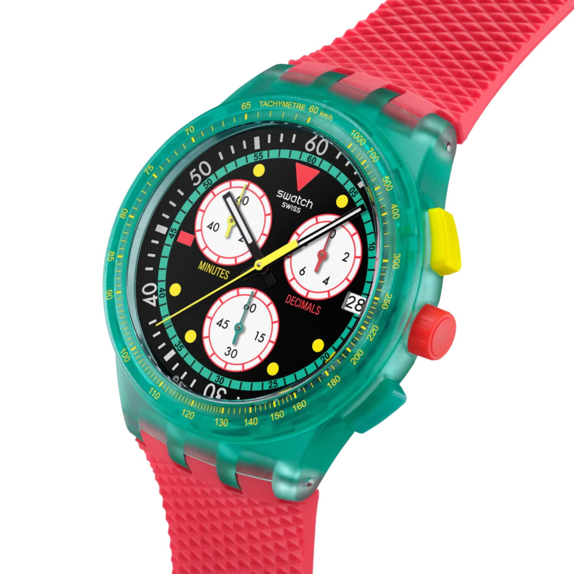 Swatch Originals Neon Emerald Chronograph Quartz Black Dial Silicone Watch SUSG409