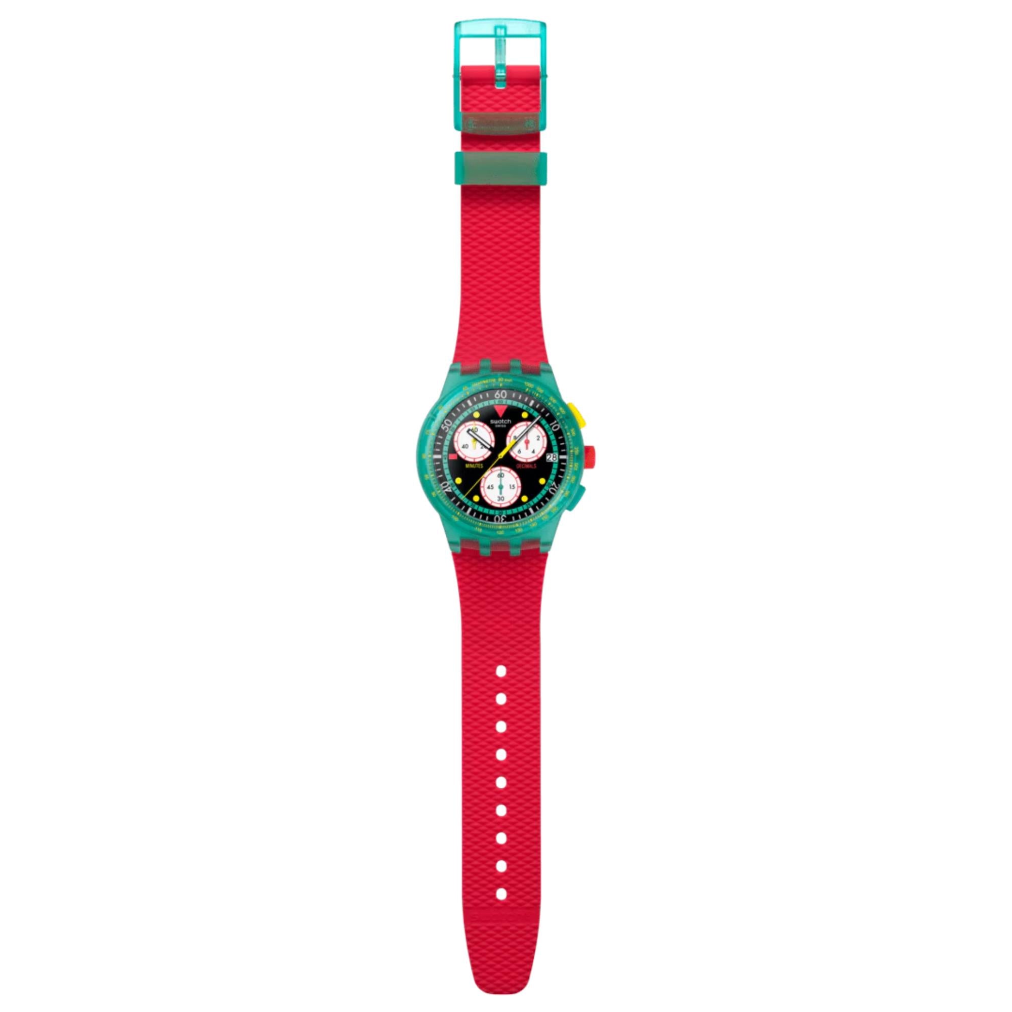 Swatch Originals Neon Emerald Chronograph Quartz Black Dial Silicone Watch SUSG409