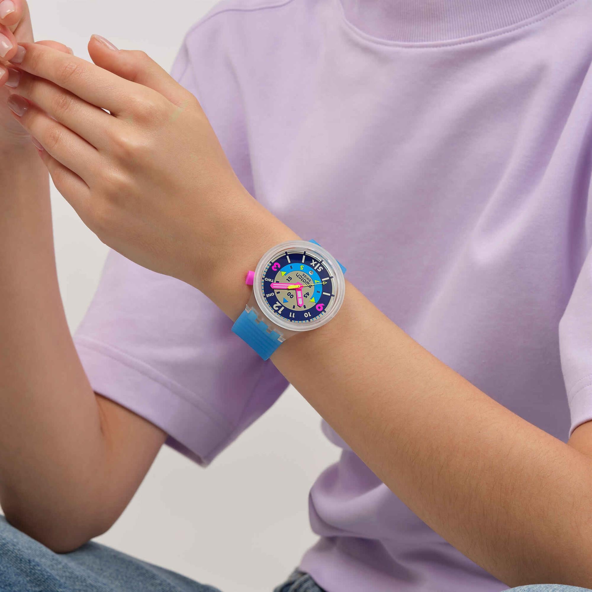 Swatch Big Bold Neon Hielo Quarz Lila Zifferblatt Silikonarmband Uhr SB01K400