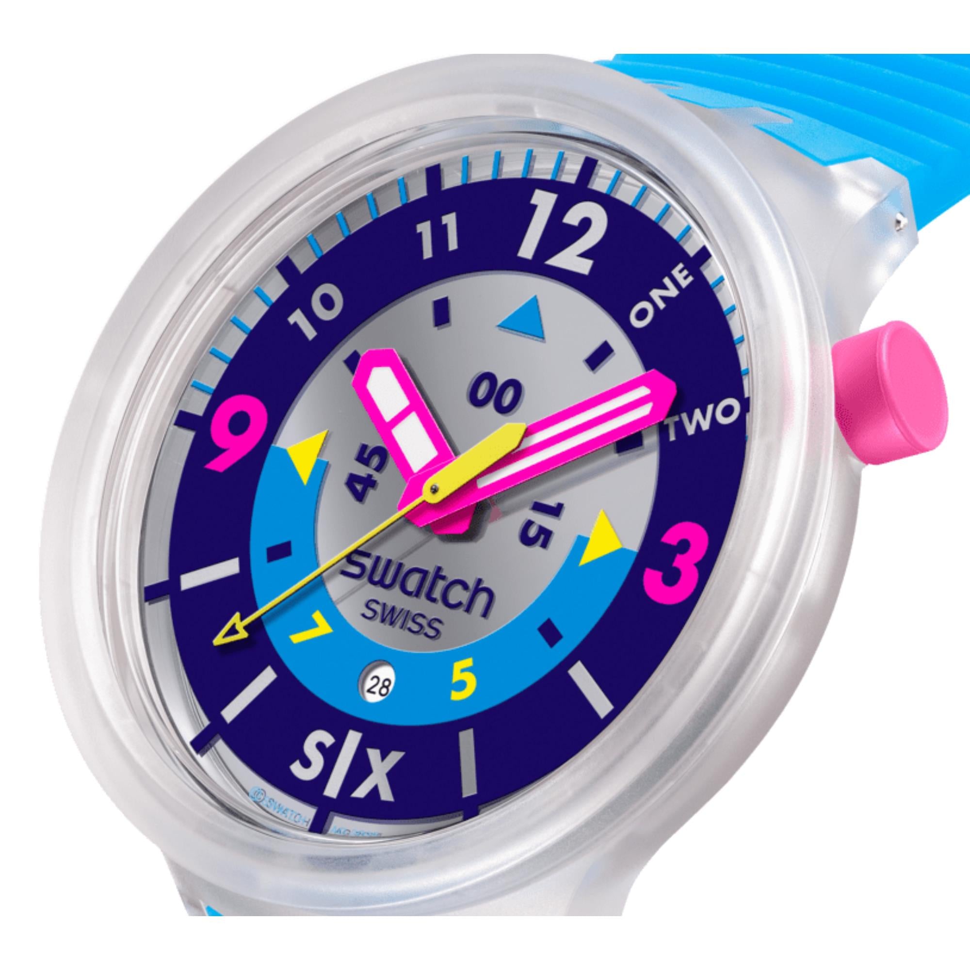 Swatch Big Bold Neon Hielo Quarz Lila Zifferblatt Silikonarmband Uhr SB01K400