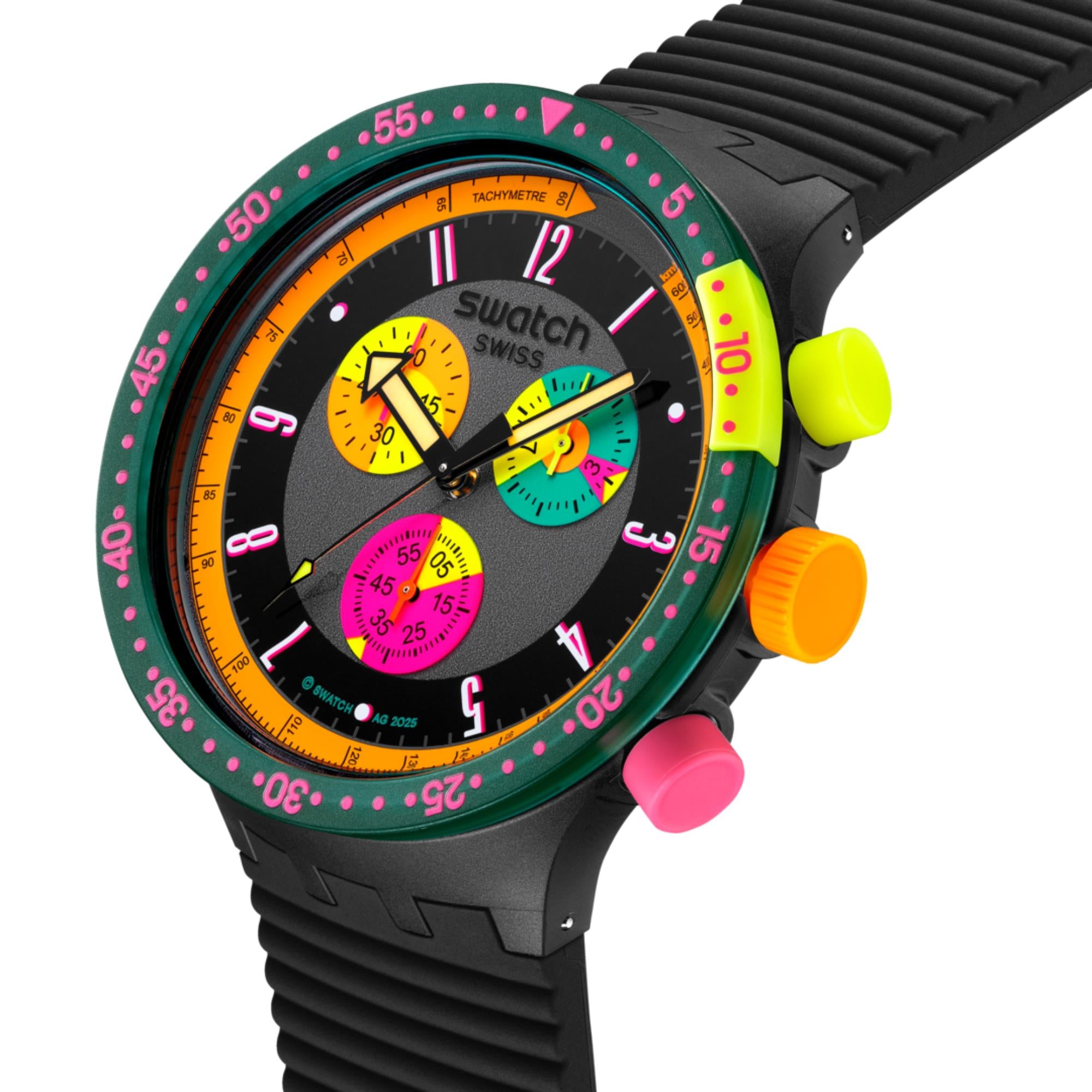 Swatch Big Bold Neon Seppia Chronograph Quarz Schwarzes Zifferblatt Silikonarmband Uhr SB02B104