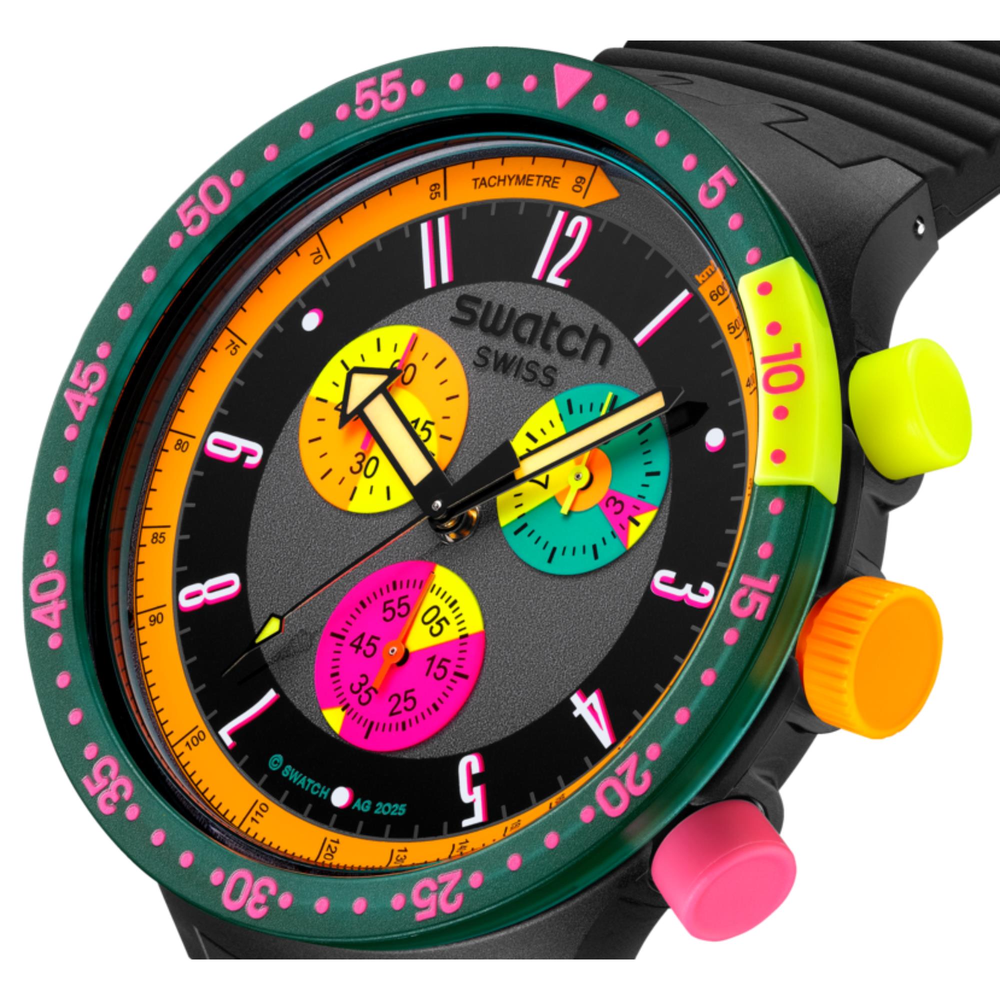 Swatch Big Bold Neon Seppia Chronograph Quarz Schwarzes Zifferblatt Silikonarmband Uhr SB02B104