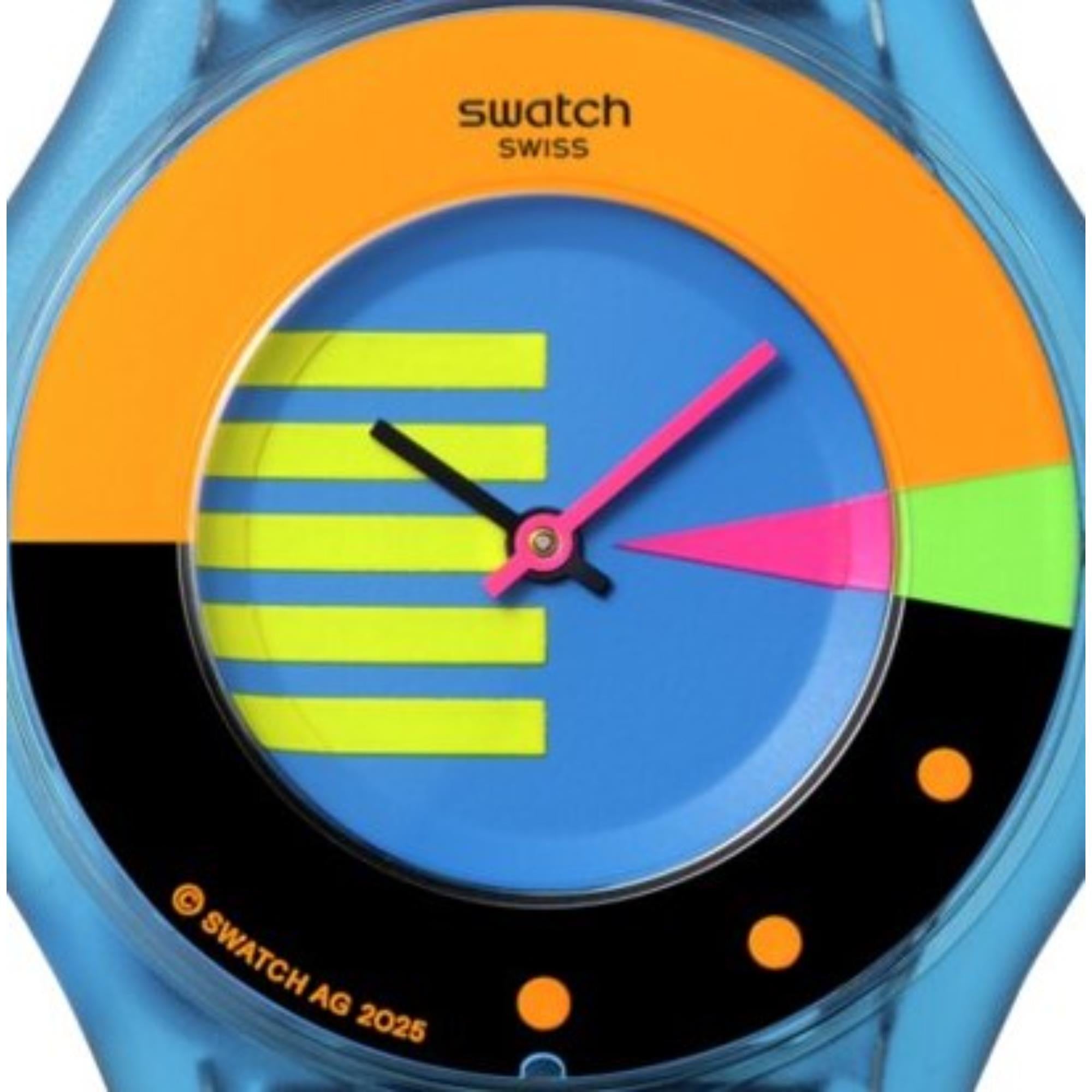 Swatch Skin Neon Flumotions Quarz Blaues Zifferblatt Silikonarmband Uhr SS08S101