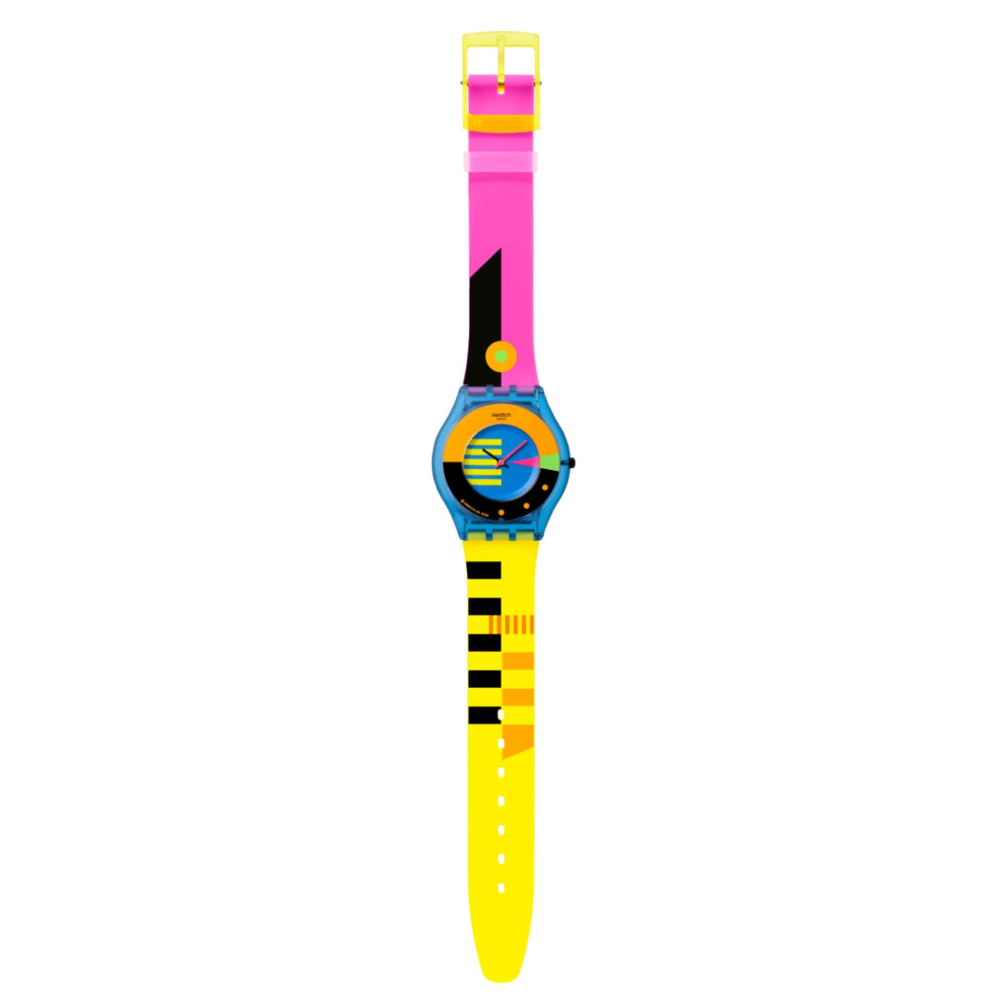 Swatch Skin Neon Flumotions Quarz Blaues Zifferblatt Silikonarmband Uhr SS08S101