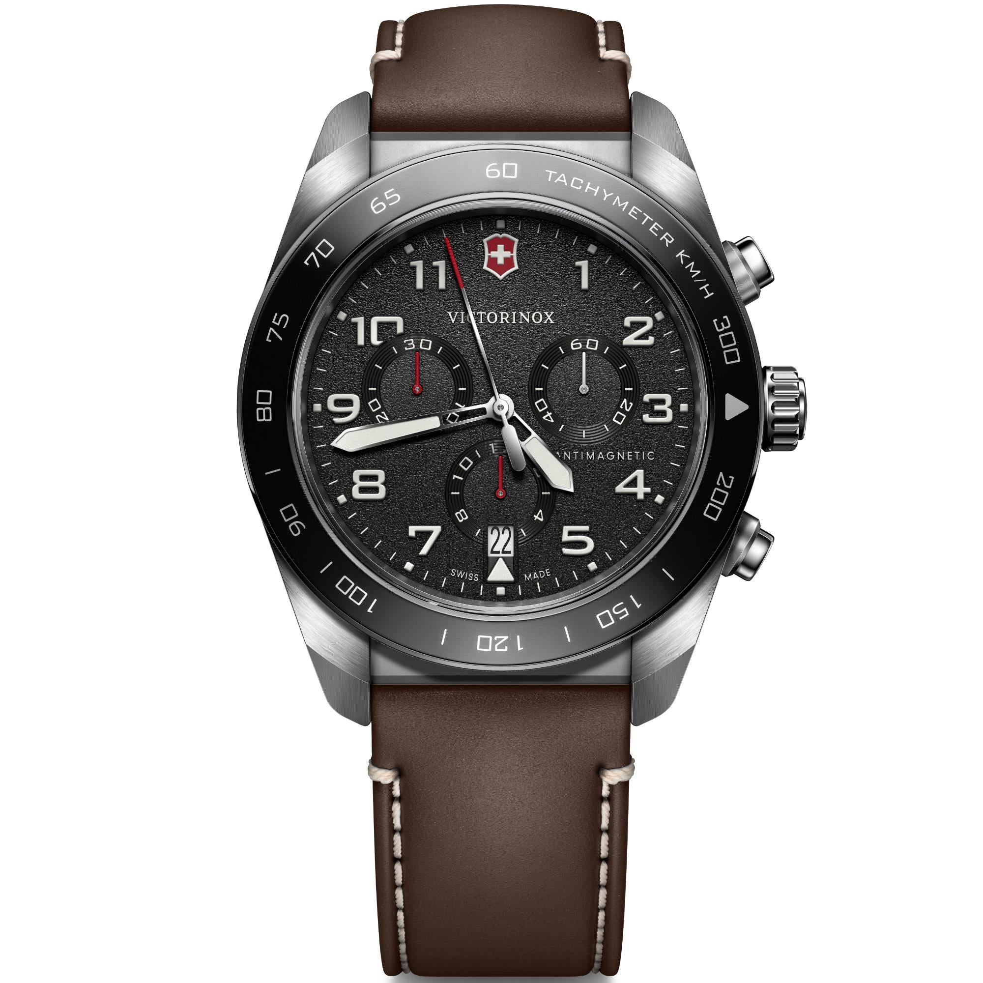 Victorinox Swiss Army Chronograph black dial leather watch 242046 front view